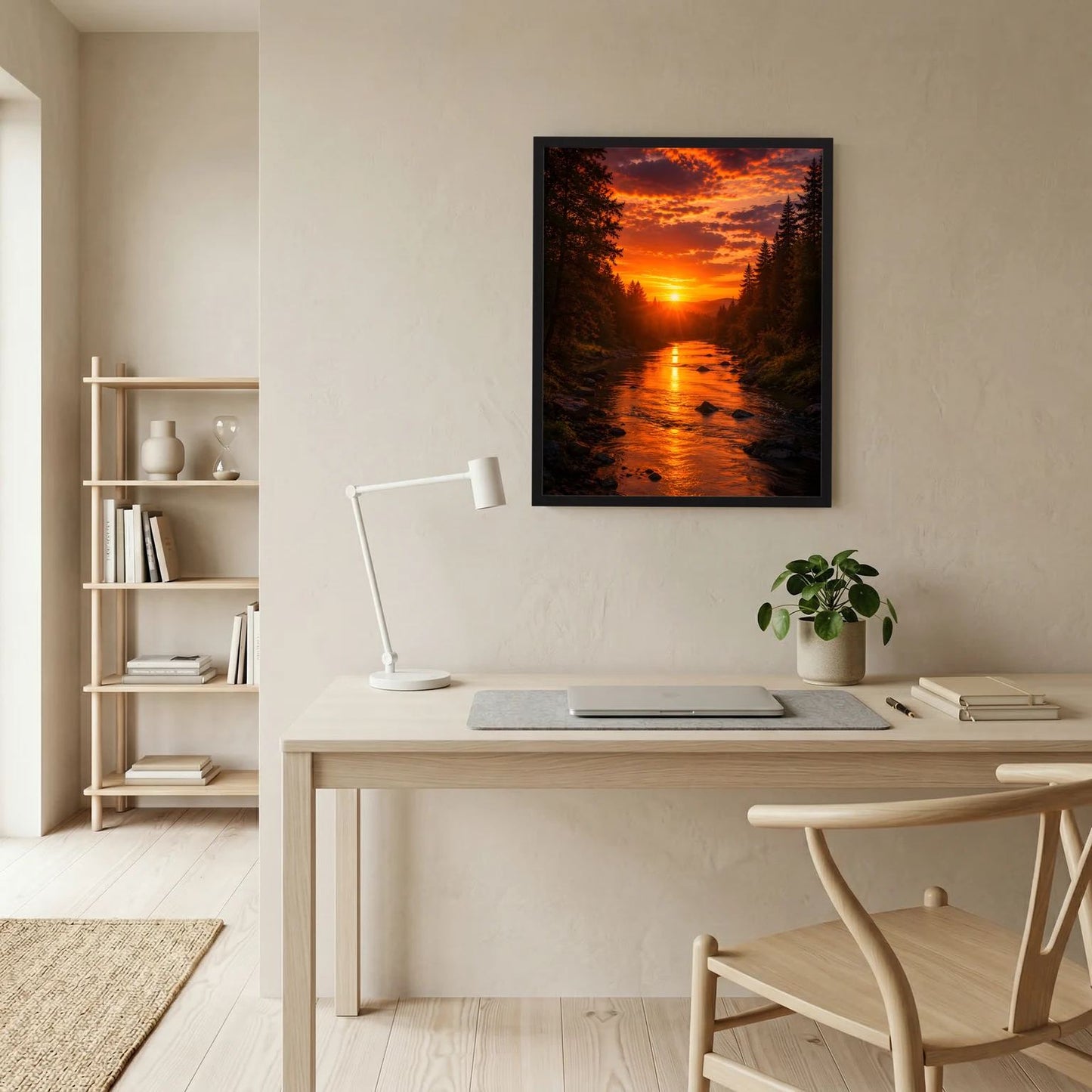 Schwarzer Rahmen: Wandposter im Hochformat mit Sonnenuntergang über Waldfluss und Bäumen
