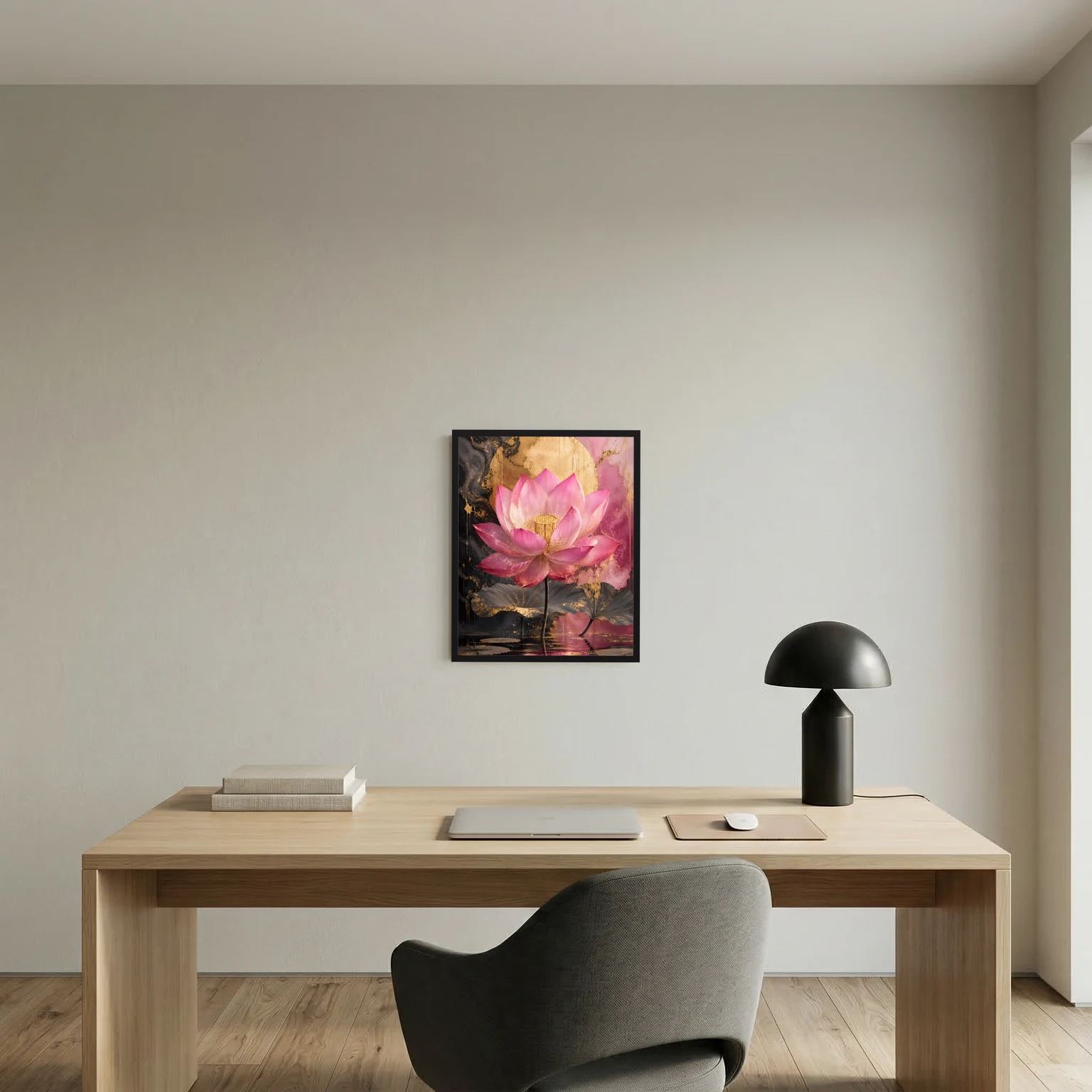 Lotusblumen-Wandbild mit schwarzem Rahmen, rosa Lotusblüte in dunkler Komposition