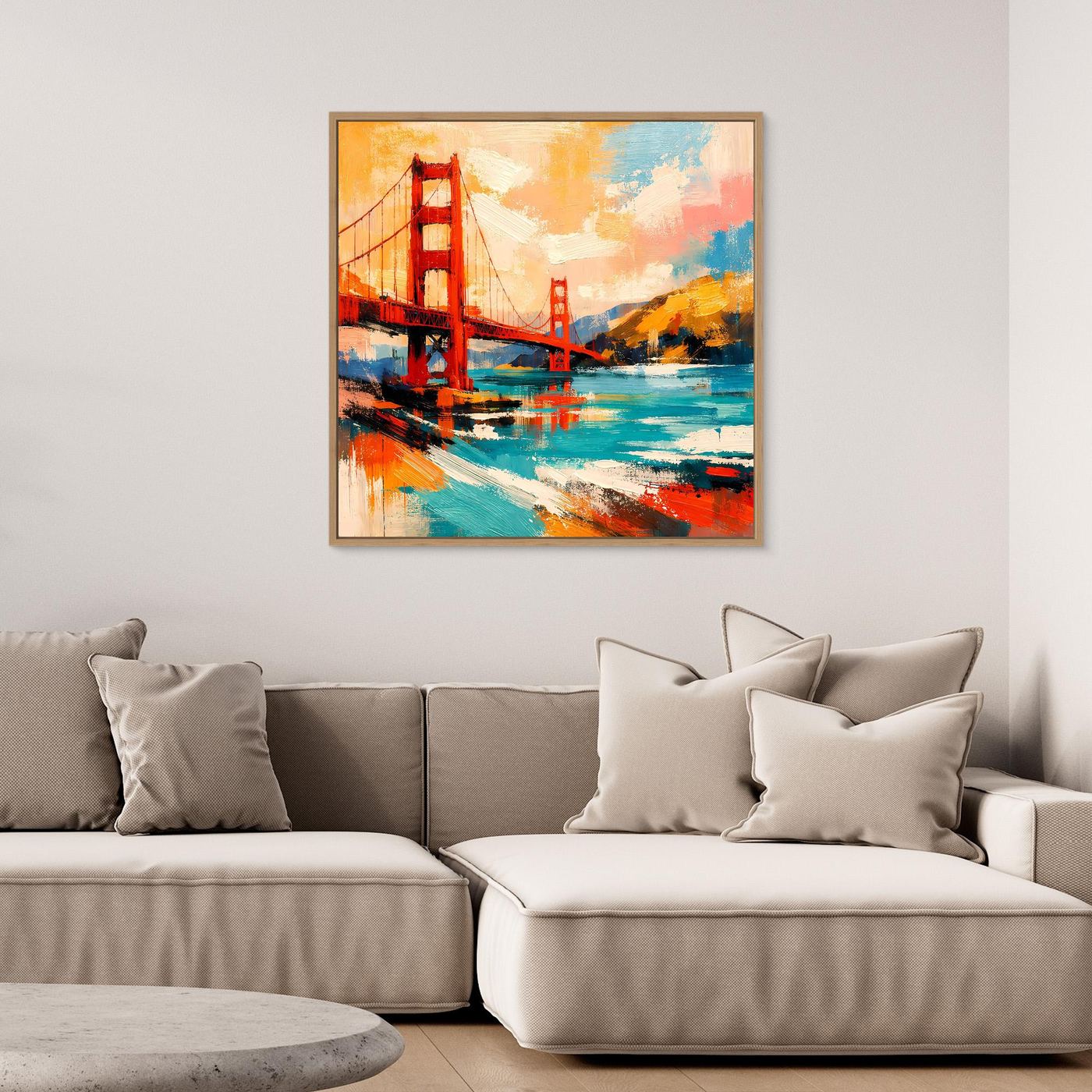 Framed canvas wall art with golden-brown frame, abstract Golden Gate Bridge in bright colors
