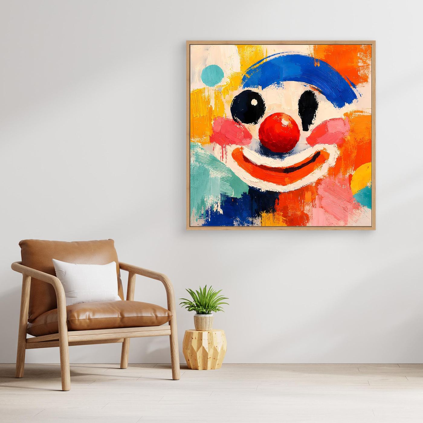 Abstraktes Leinwand-Wandbild mit Clown-Gesicht, bunte Farben, Holzrahmen