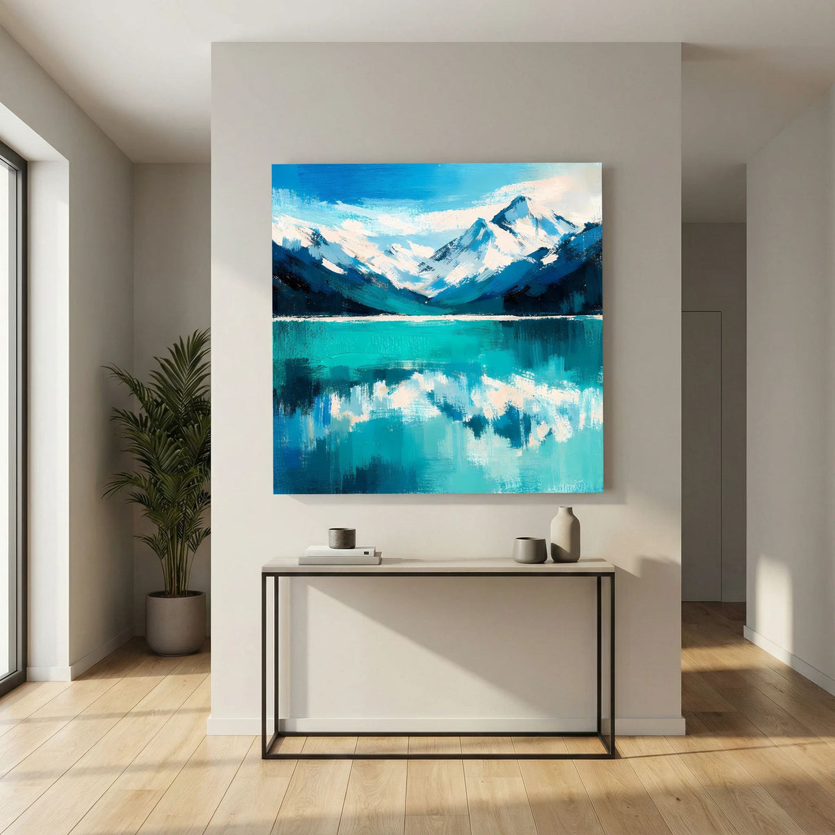 Leinwand Abstraktes Bergsee Gemälde | Modernes Alpines Wandbild Türkis Blau