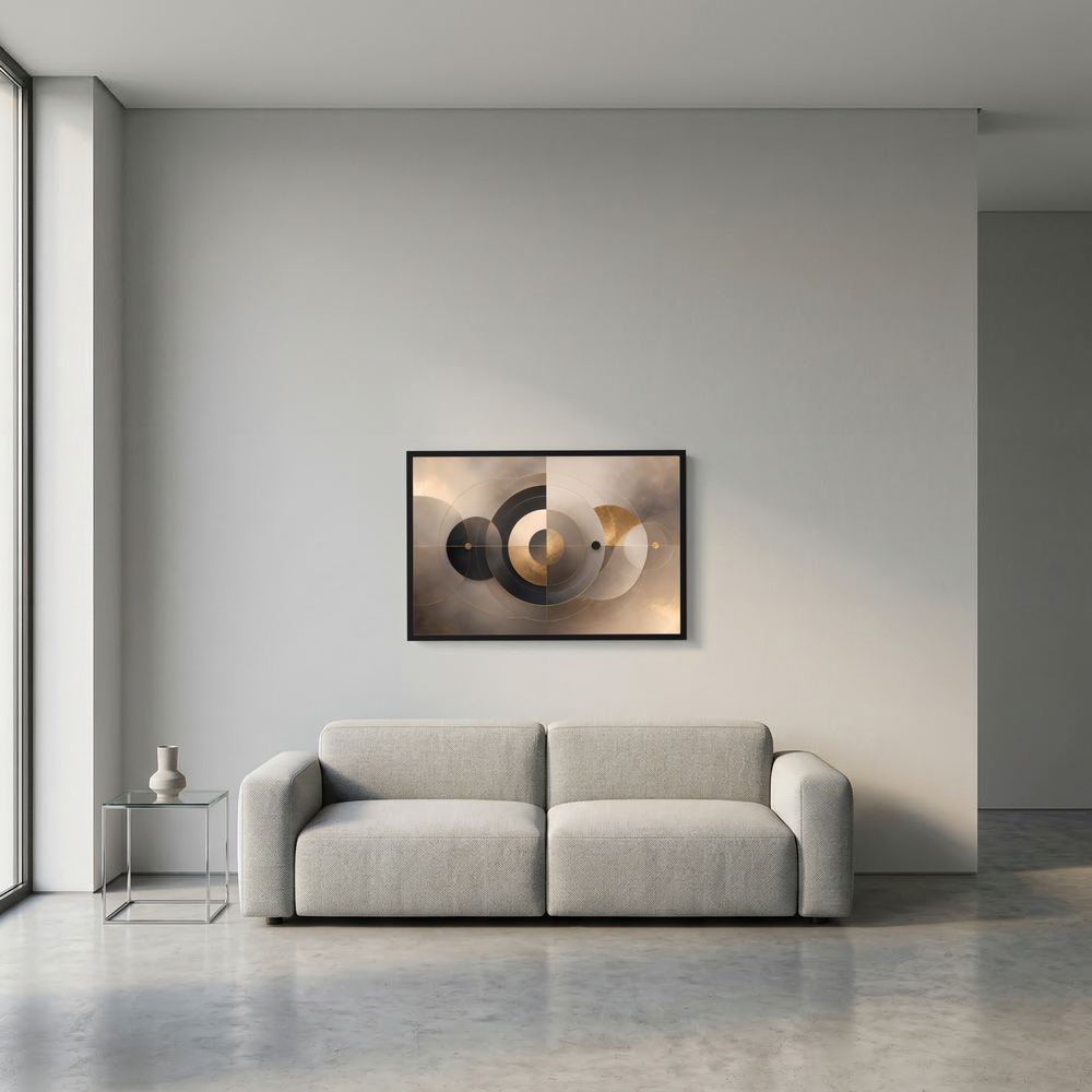 Gerahmtes Poster mit abstrakten Kreisen in Beige, Gold und Schwarz, schwarzer Rahmen