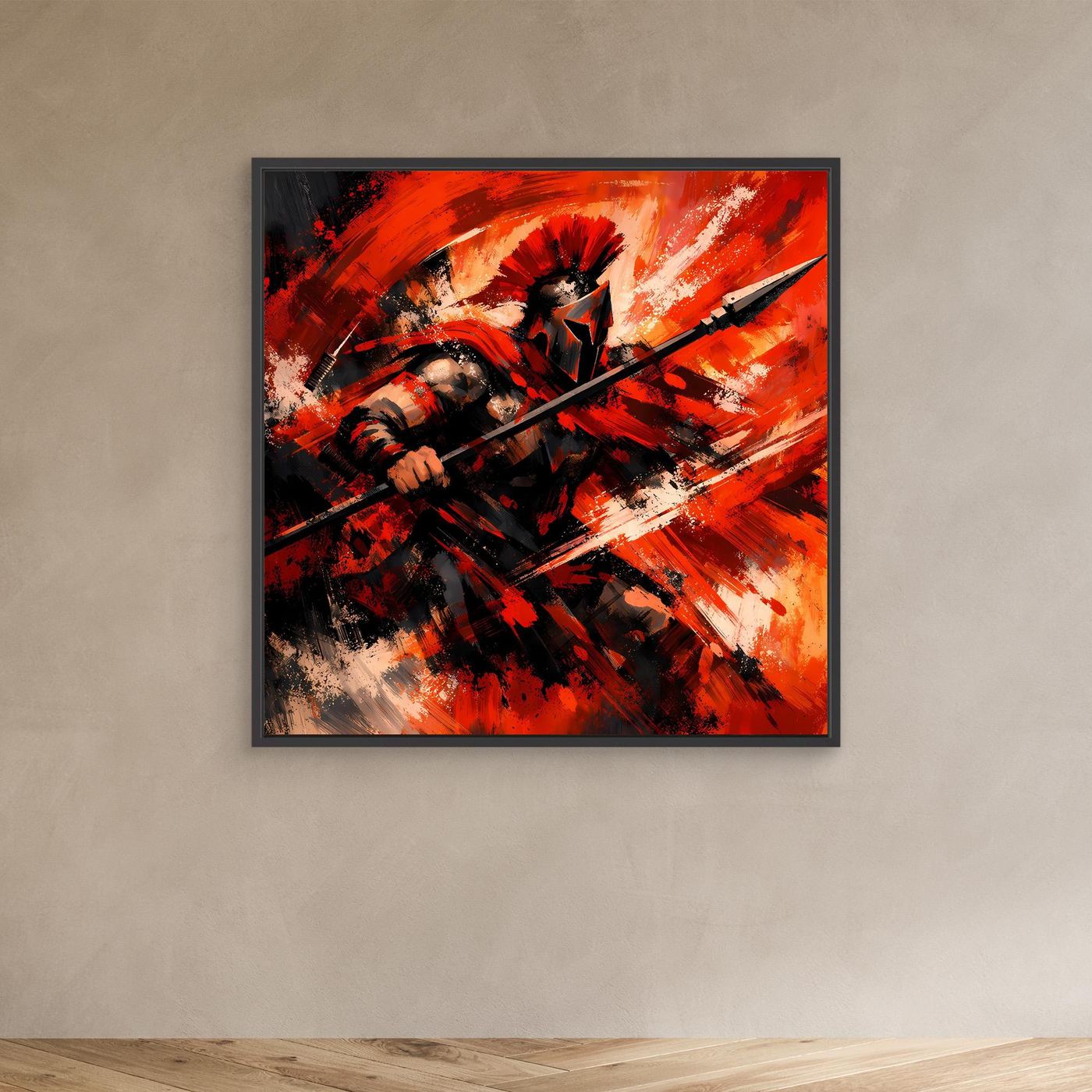 Wandbild mit abstraktem Krieger, rote und schwarze Pinselstriche, schwarzer Bilderrahmen