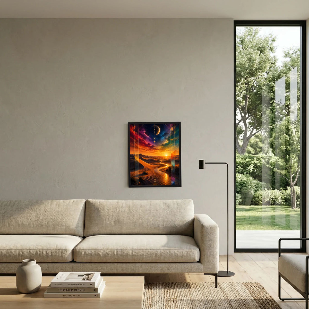 Gerahmtes Hochformat-Poster mit kosmischer Wüste, Halbmond und warmen Orange-Tönen