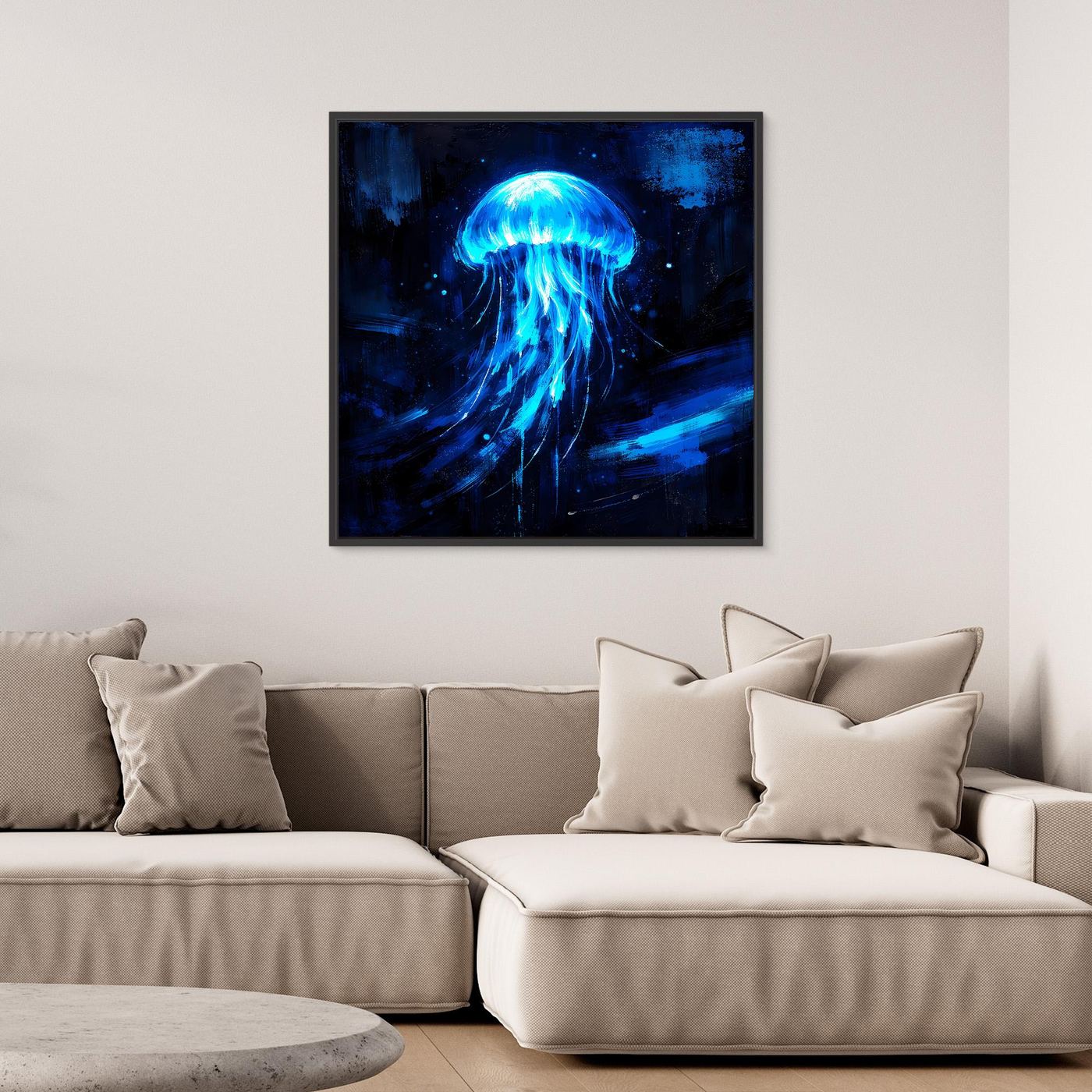 Leinwand Leuchtende Qualle im Tiefsee-Ozean | Abstraktes Biolumineszenz Wandbild