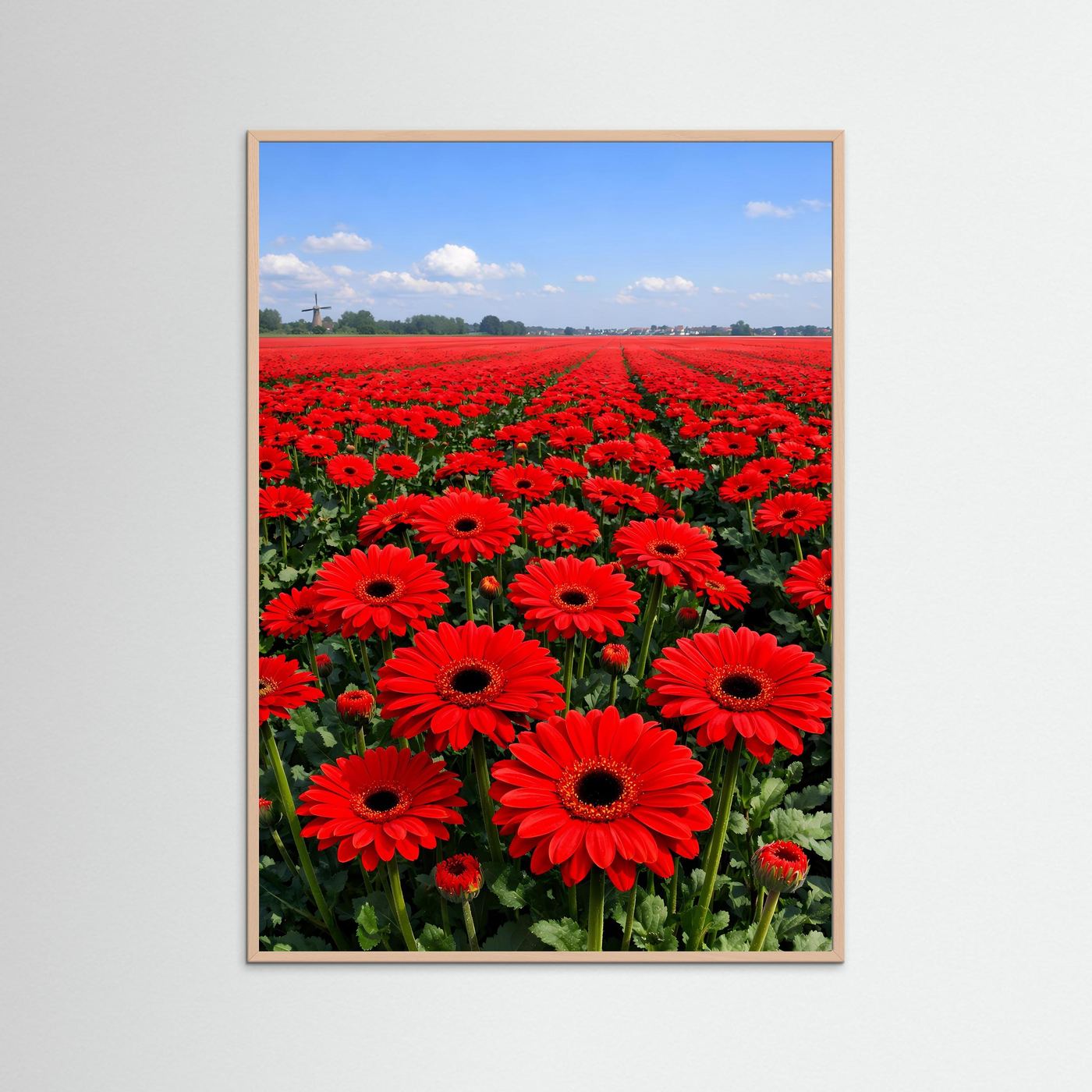 Gerbera-Poster im hellen Rahmen, rotes Feld voller Gerbera im Hochformat