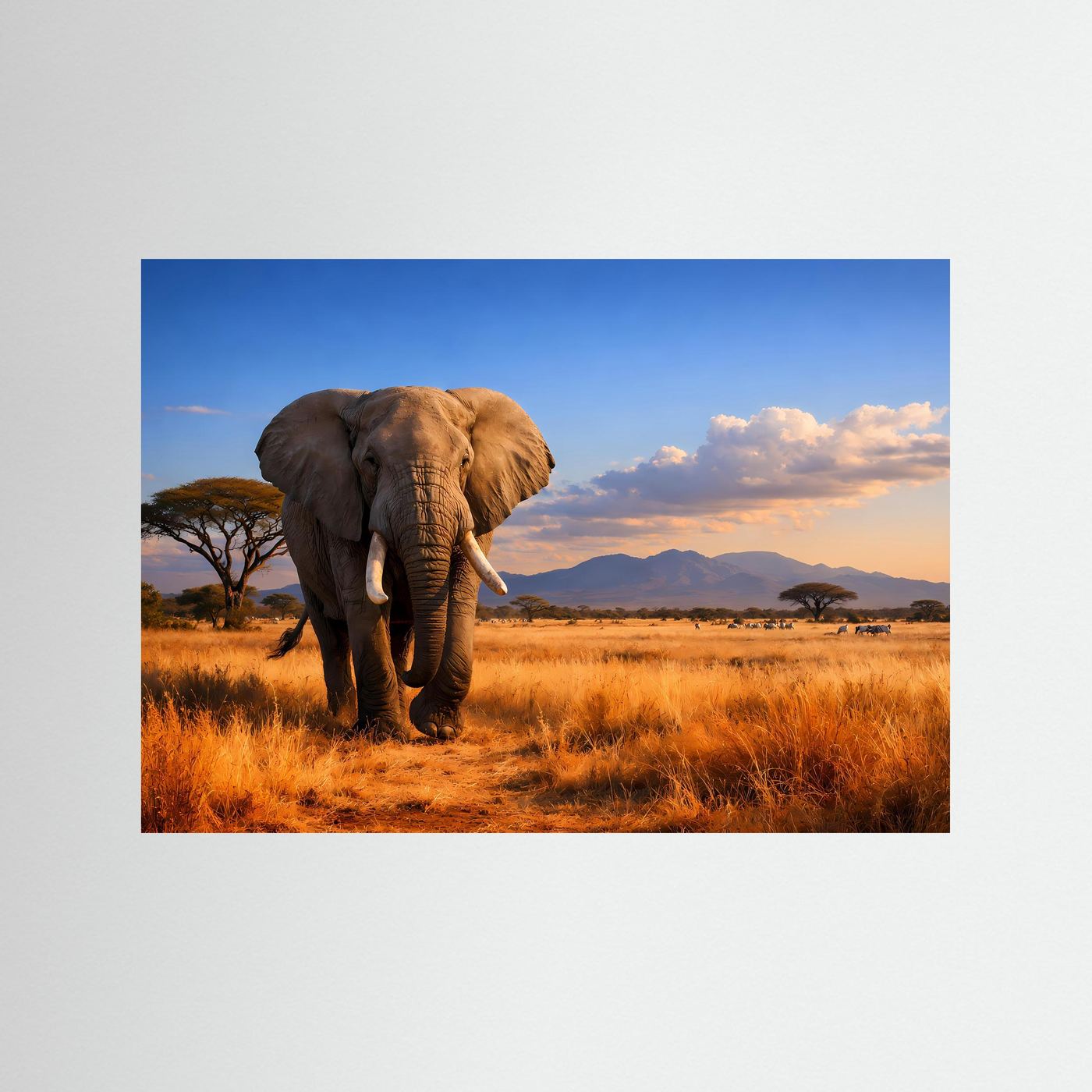 Poster im Querformat: brauner Elefant in der Savanne vor warmem Himmel