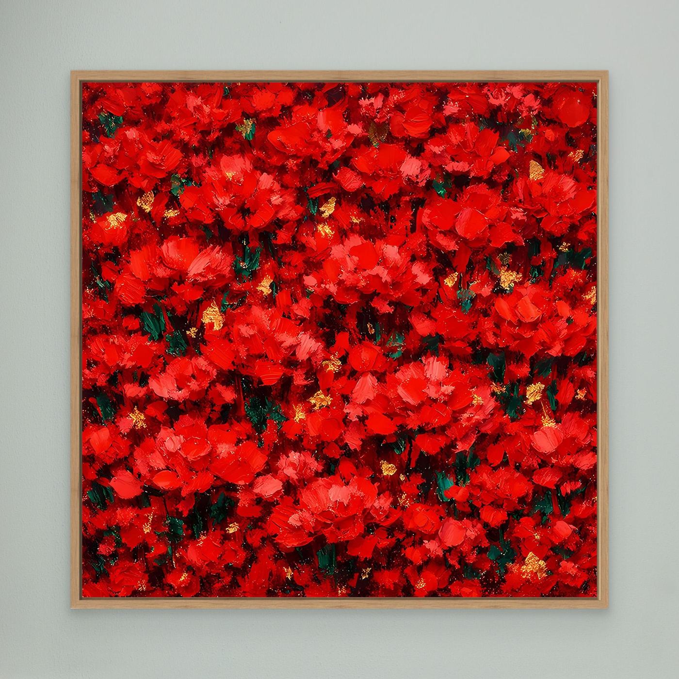 Rotes Blütenmeer-Leinwandbild mit floralen Motiven, Holzrahmen