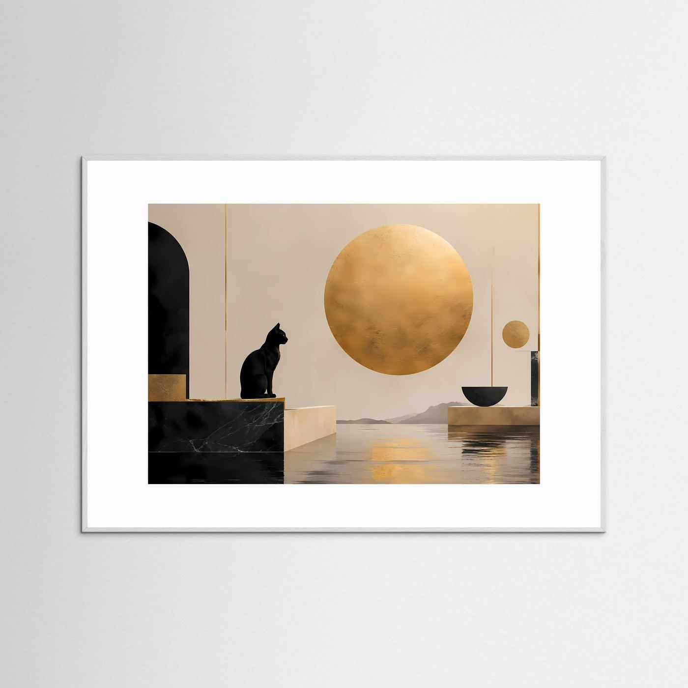 Schwarze Katze vor goldener Sonne | Minimalistische Kunst in Schwarz & Beige