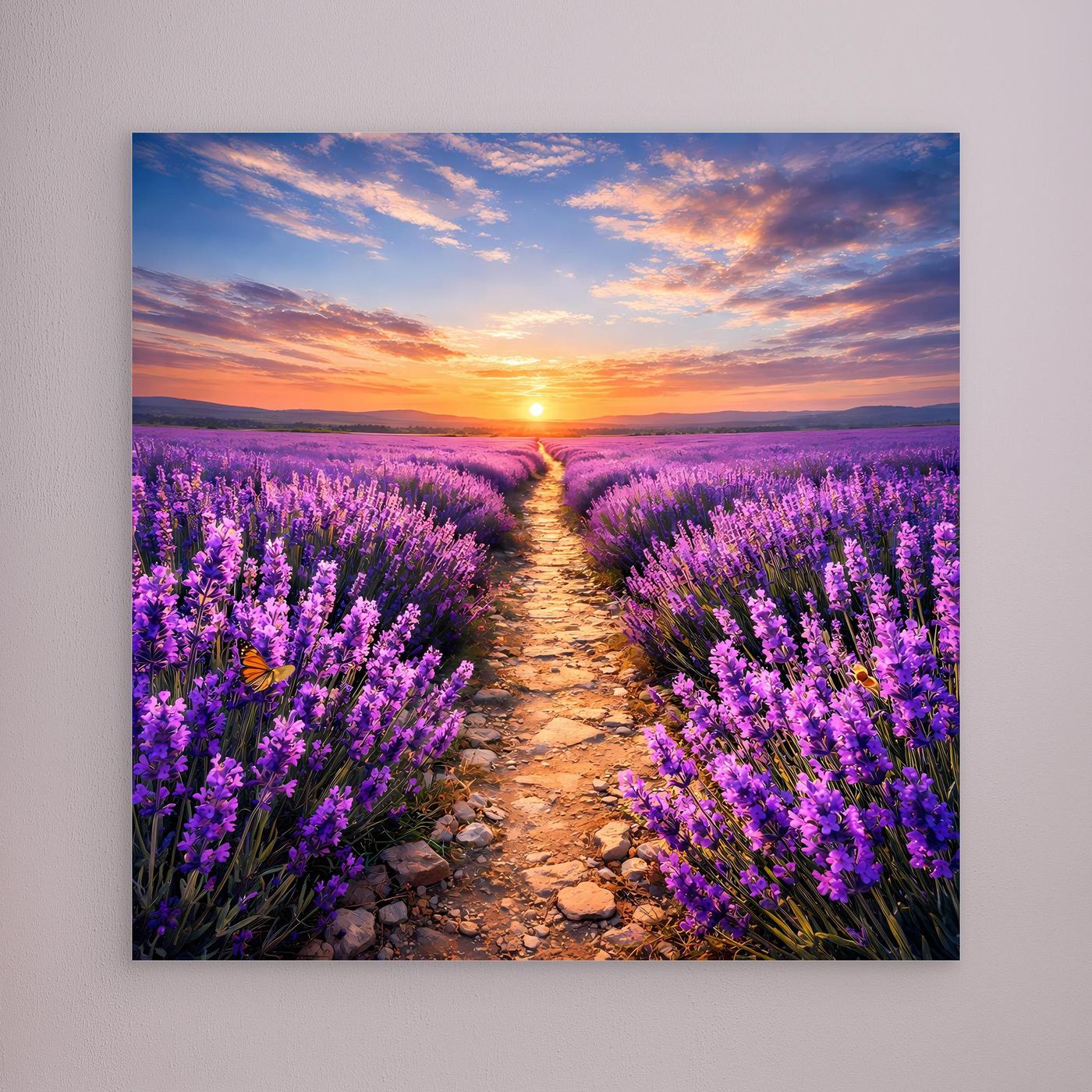 Leinwandbild mit Lavendelfeld und Sonnenuntergang, lila Blütenweg, ohne sichtbaren Rahmen