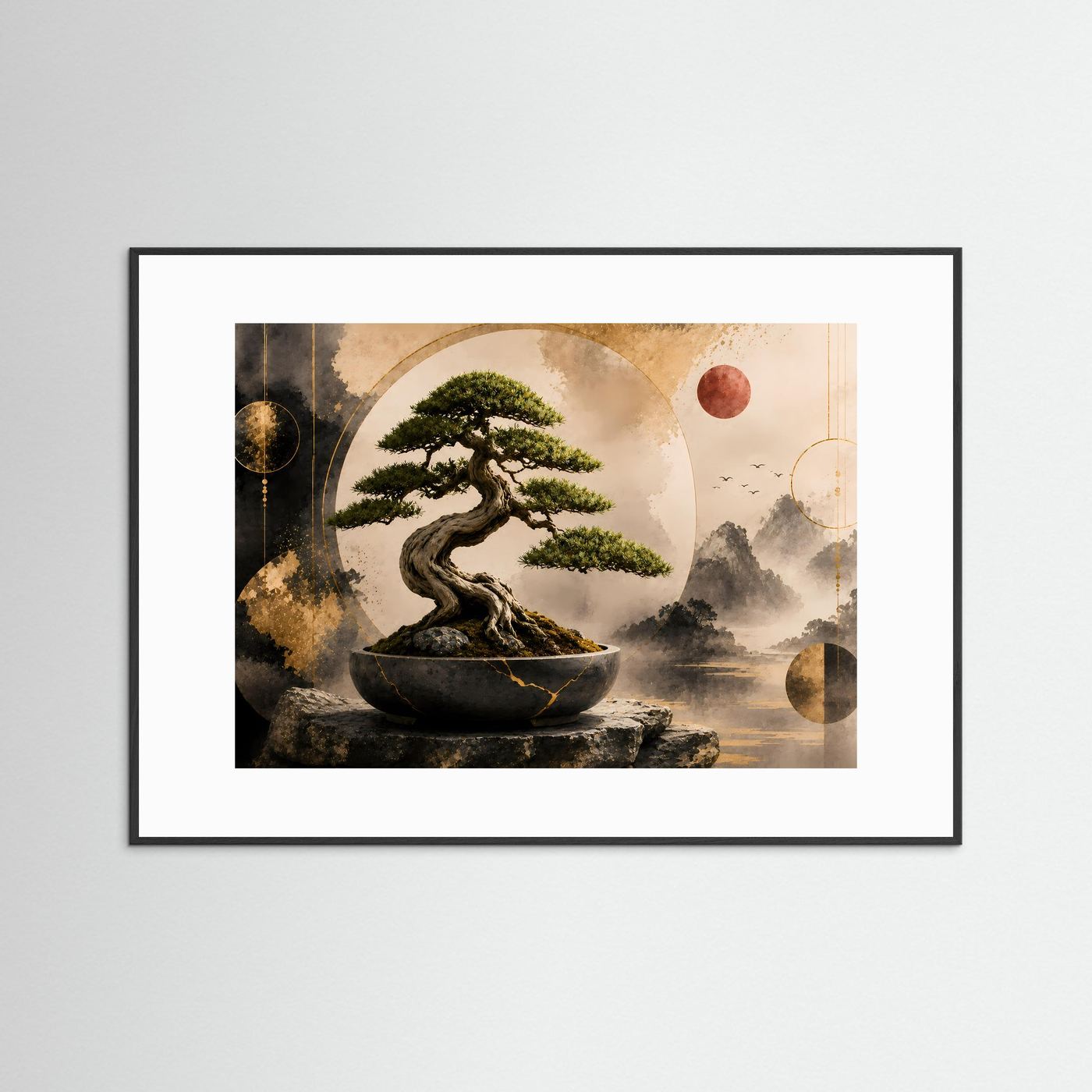 Poster mit Bonsai-Baum in dunkler Schale im schwarzen Rahmen, Zen-Gold-Optik