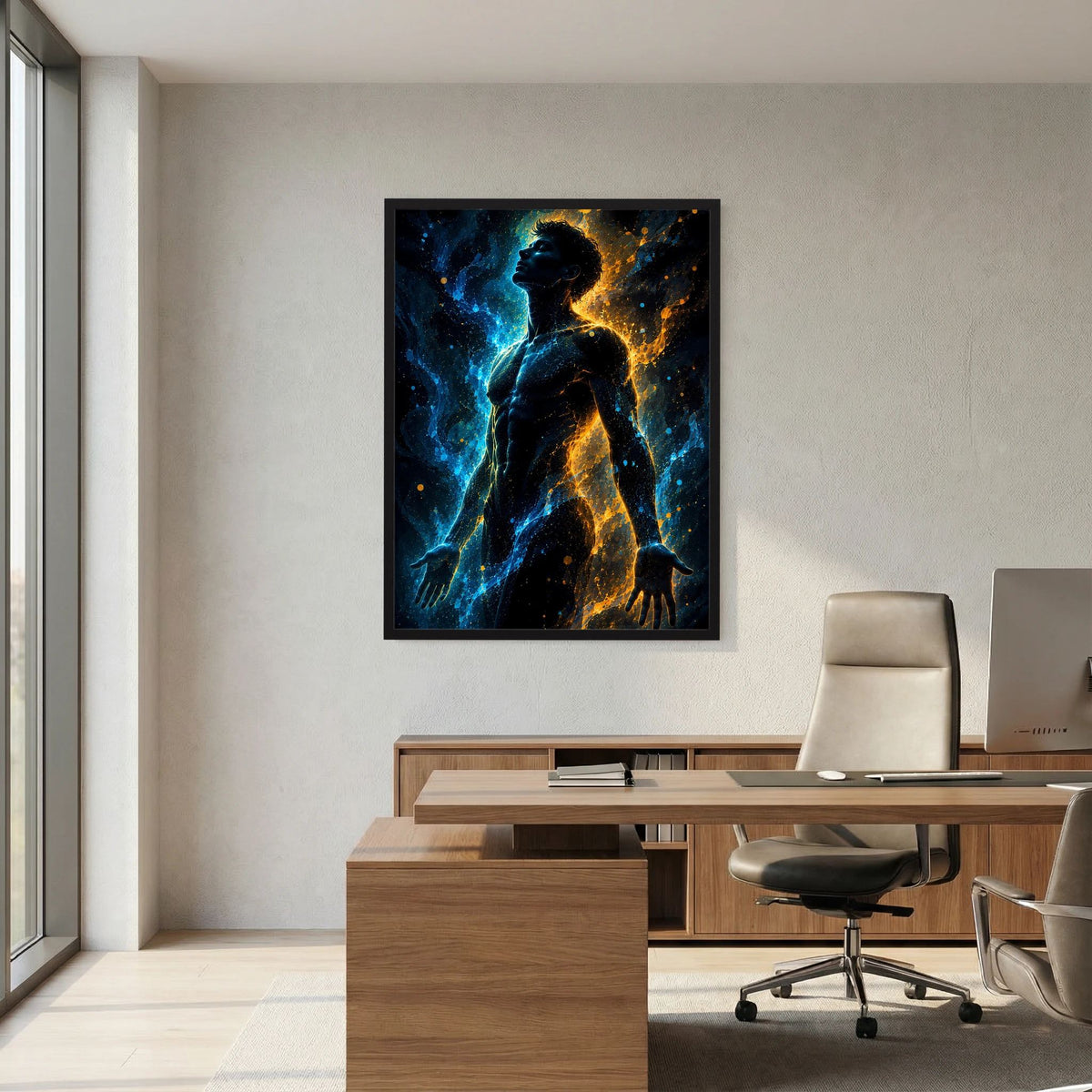 Gerahmtes Poster mit männlicher Silhouette in Blau und Gold über dem Bürotisch.