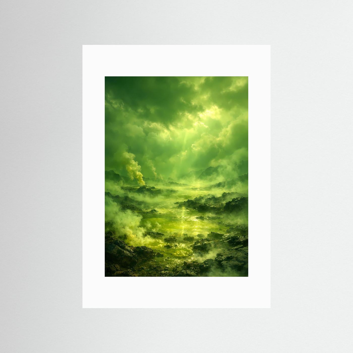 Hochformatiges Naturposter mit weißem Passepartout, smaragdgrüne Wolkenlandschaft