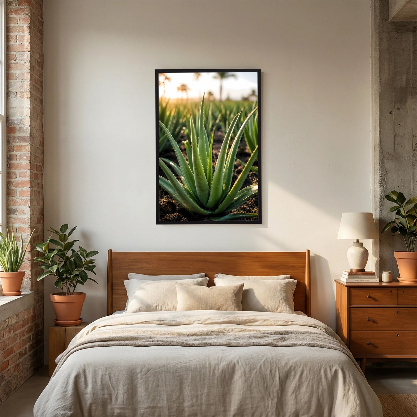 Poster mit Aloe-Vera-Zierpflanze im schwarzen Rahmen, grünes Blattbündel, Hochformat.