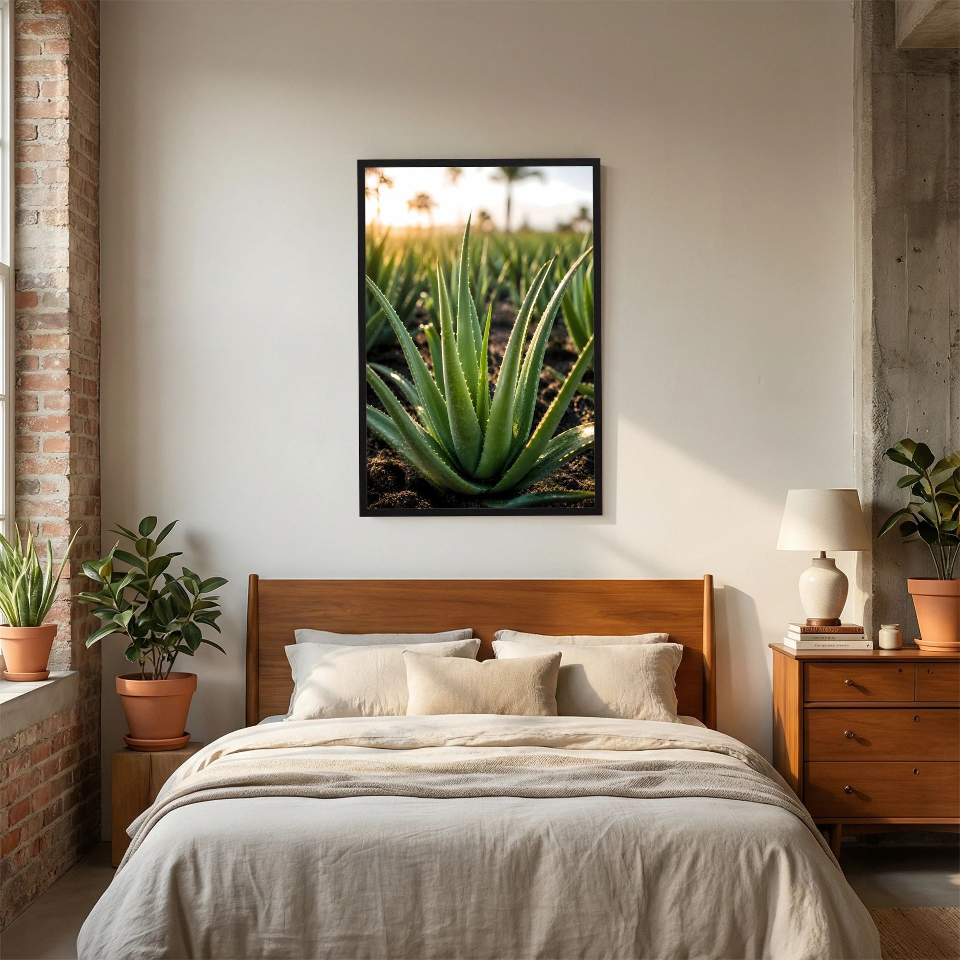 Poster mit Aloe-Vera-Zierpflanze im schwarzen Rahmen, grünes Blattbündel, Hochformat.