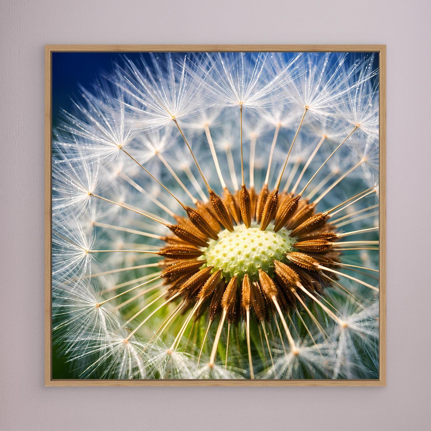 Leinwandbild mit Pusteblume im Makro, Eichenrahmen