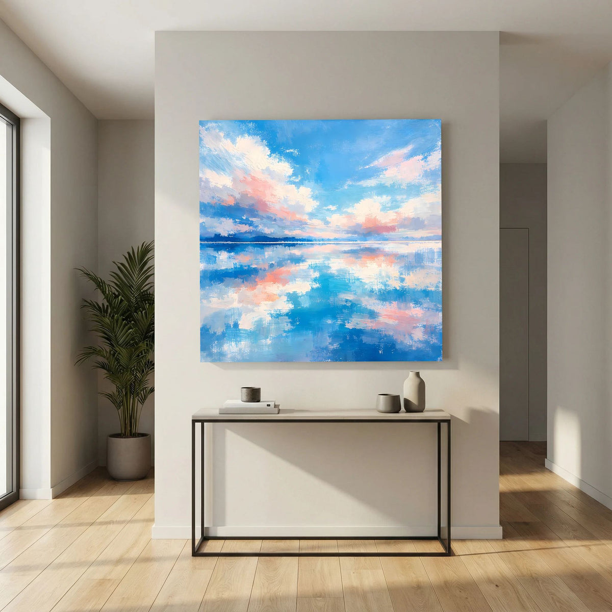 Abstraktes Wandbild auf Keilrahmen: Meeresfläche mit Wolken in Blau und Rosa