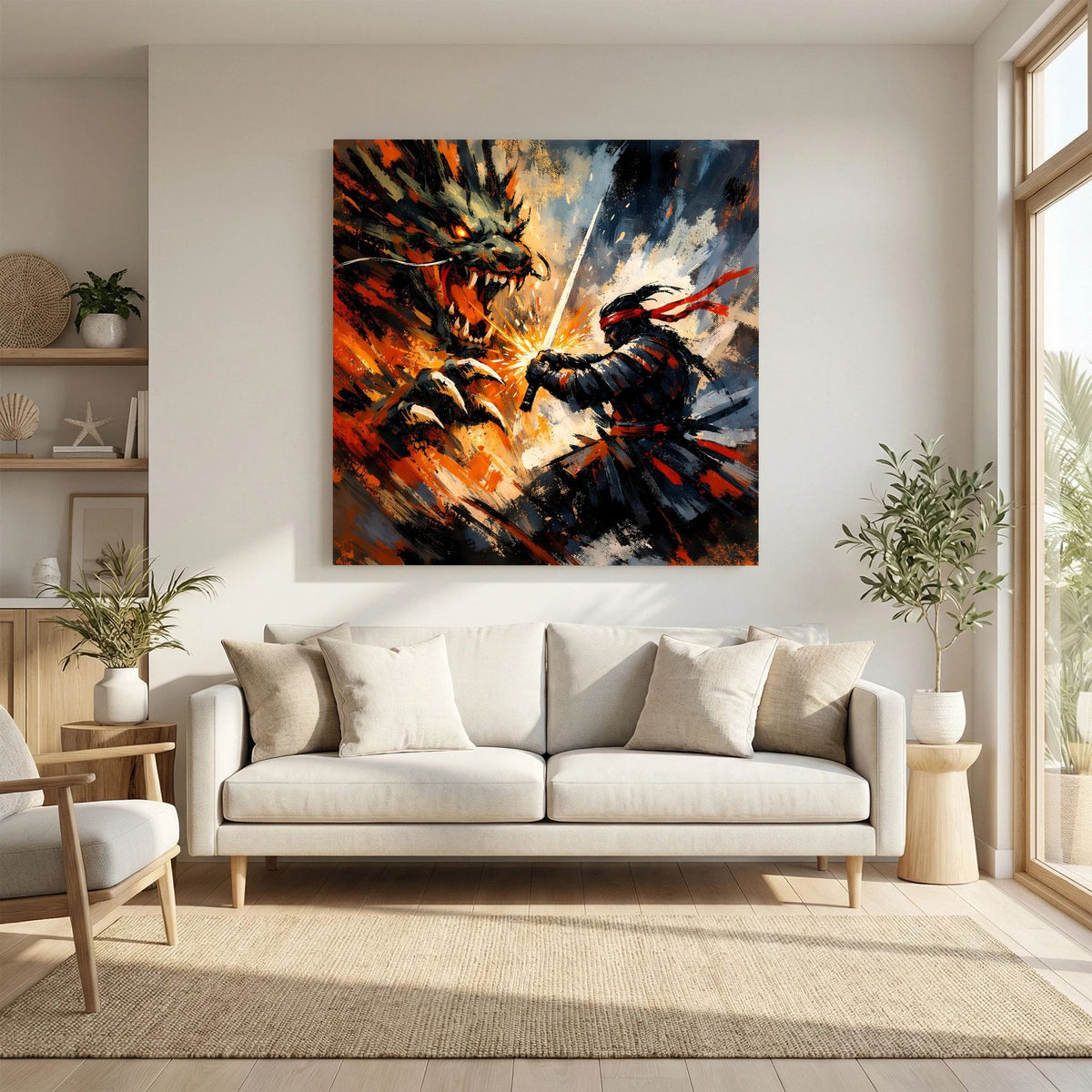 Leinwandbild: Samurai prallt auf Drachen, starke Strahlen-Optik und Spritzer in Orange