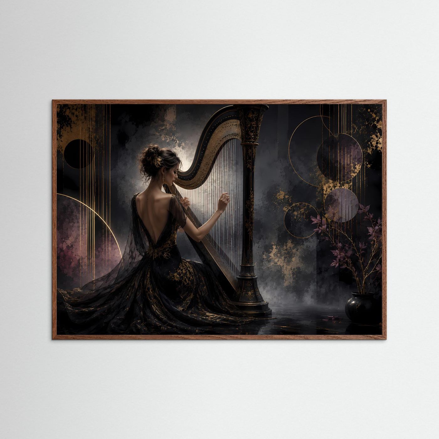 Elegante Harfenklänge in Schwarz & Gold | Klassische Musik & Luxus Poster Querformat
