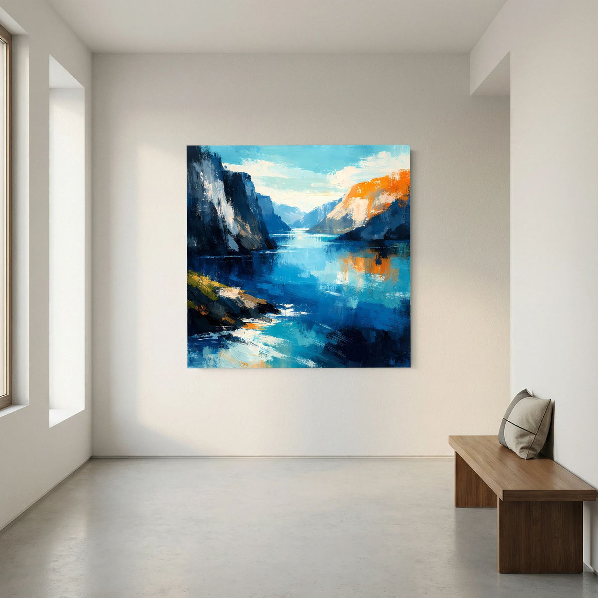 Leinwand Abstraktes Fjord Gemälde | Modernes Norwegisches Wandbild Blau Orange