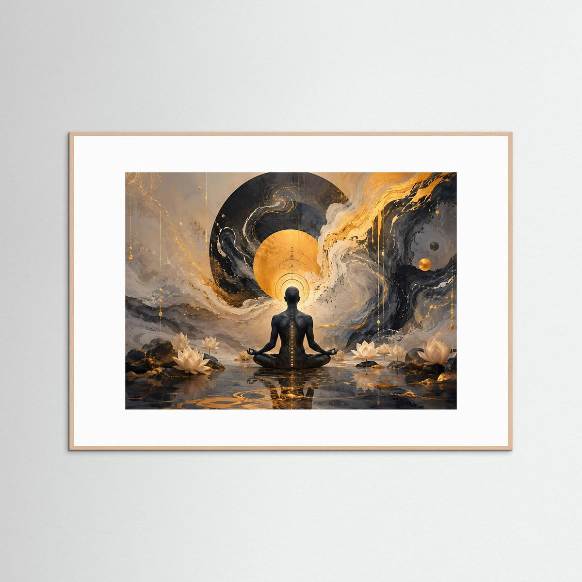Gerahmtes Meditationsposter: sitzende Meditationsfigur vor gold-schwarzer Wirbelwelt