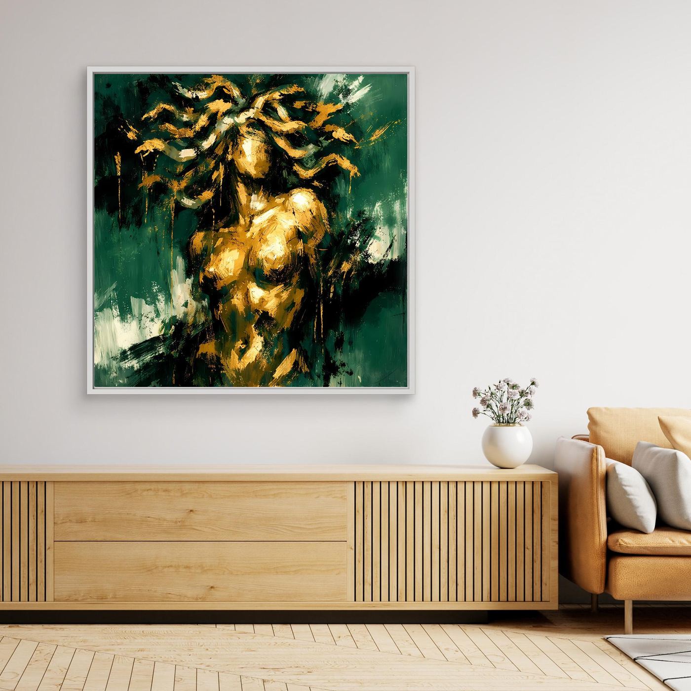Leinwand Mystische Medusa in Smaragdgrün | Abstraktes Mythologie Wandbild Gold