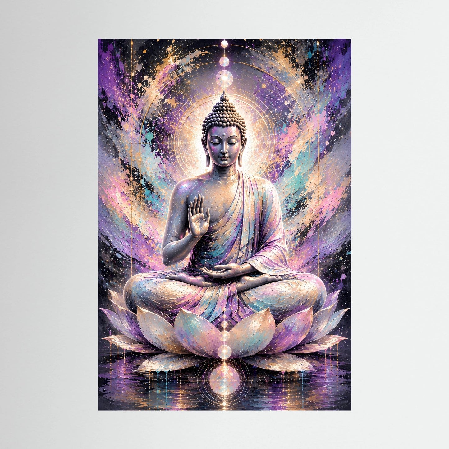 Poster im Hochformat mit Buddha in Meditation auf Lotusblüten, pastellfarbene Aura