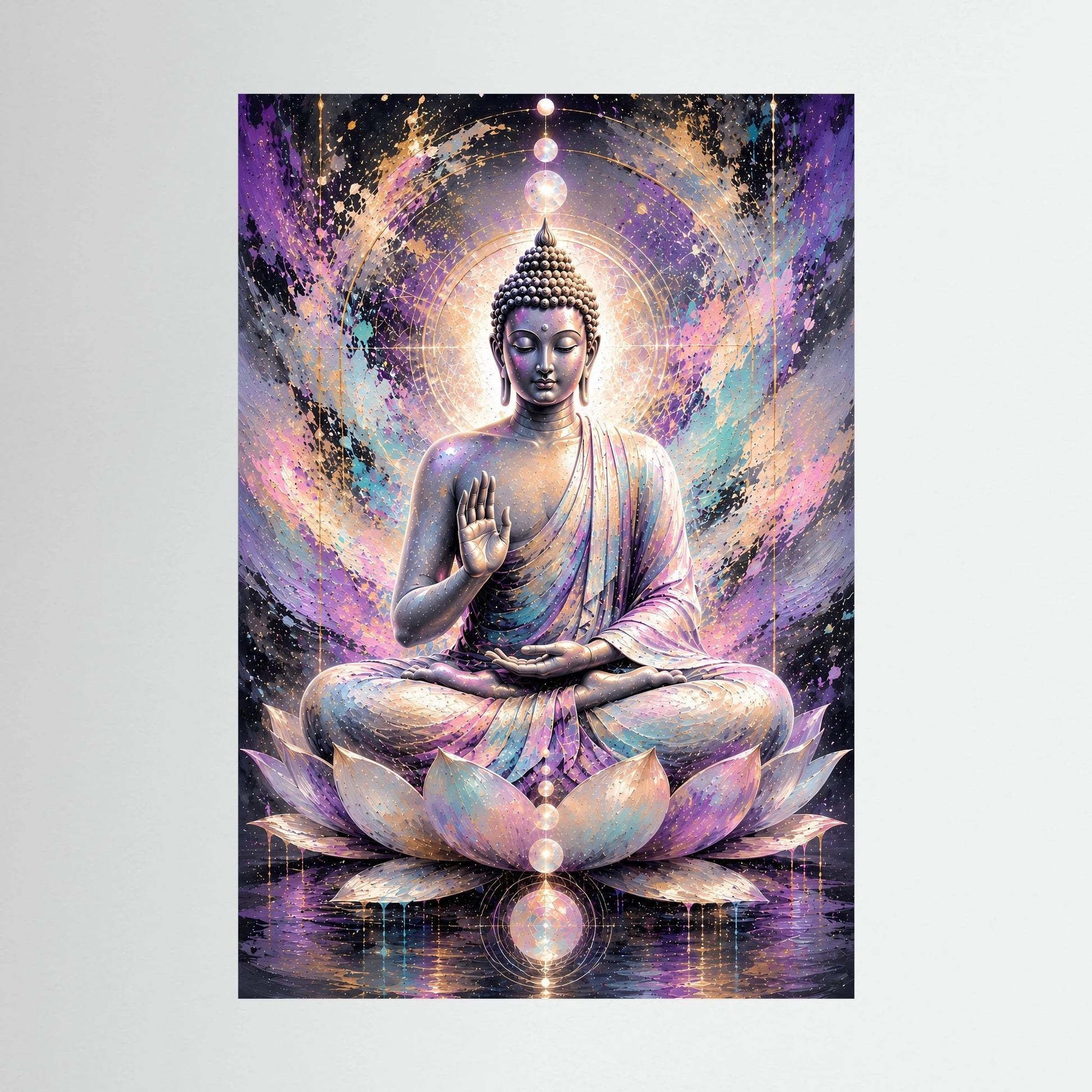 Poster im Hochformat mit Buddha in Meditation auf Lotusblüten, pastellfarbene Aura