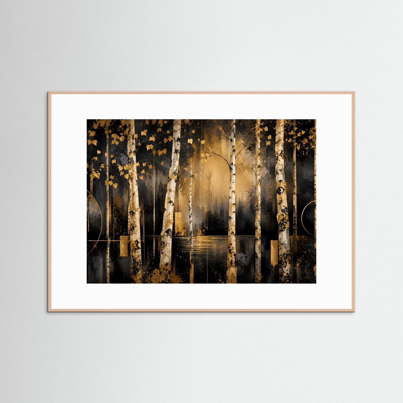 Poster im Querformat: Birkenwald mit goldenen Blättern, dunkler Farbverlauf, braun gerahmt