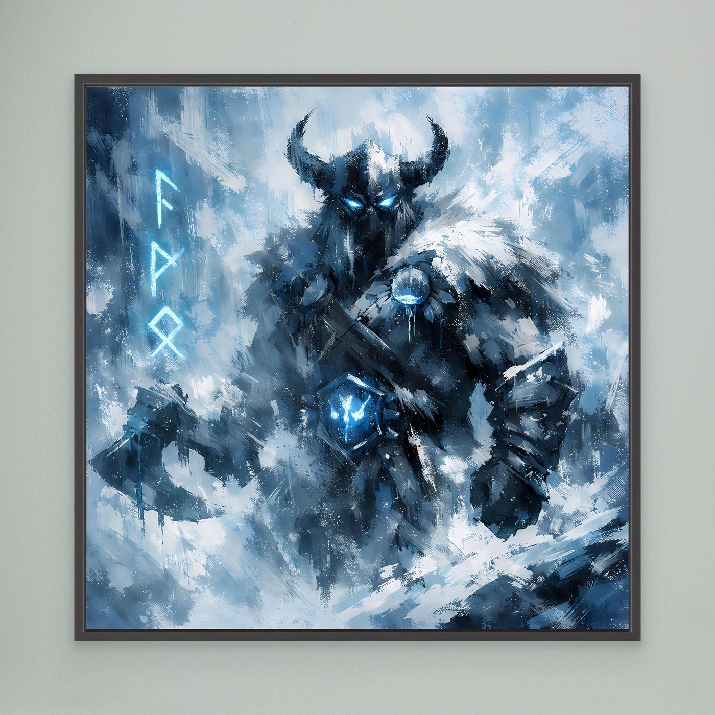 Wandbild mit blau-schwarzem Eis-Krieger-Motiv, schwarzer Rahmen.