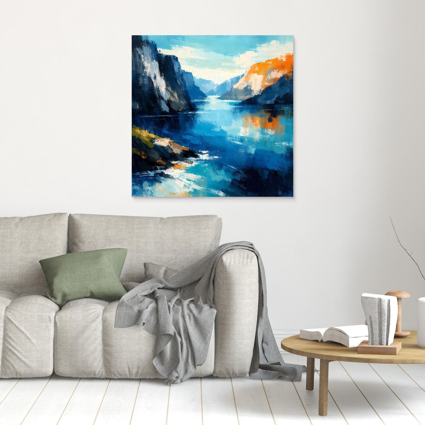 Leinwand Abstraktes Fjord Gemälde | Modernes Norwegisches Wandbild Blau Orange