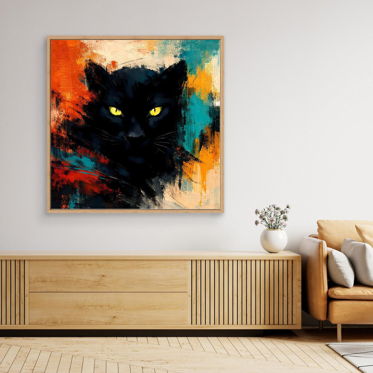 Leinwandposter mit schwarzem Panther und gelben Augen, abstrakter Farbexplosion, Holzrahmen