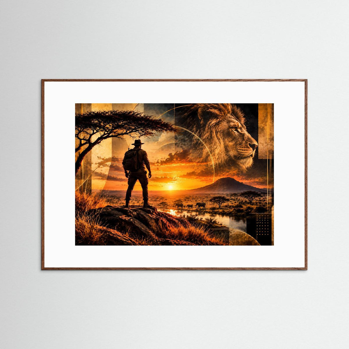 Gerahmtes Poster im Querformat mit Ranger-Silhouette und Löwenkopf bei Sonnenuntergang, Holzrahmen