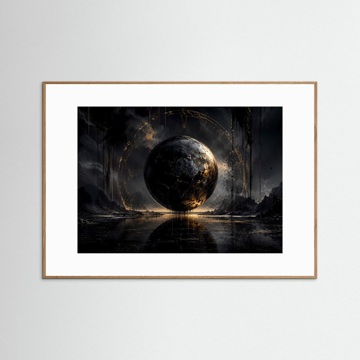 Wandbild: abstrakte schwarze Sphäre mit goldenen Akzenten, hellbraun gerahmt