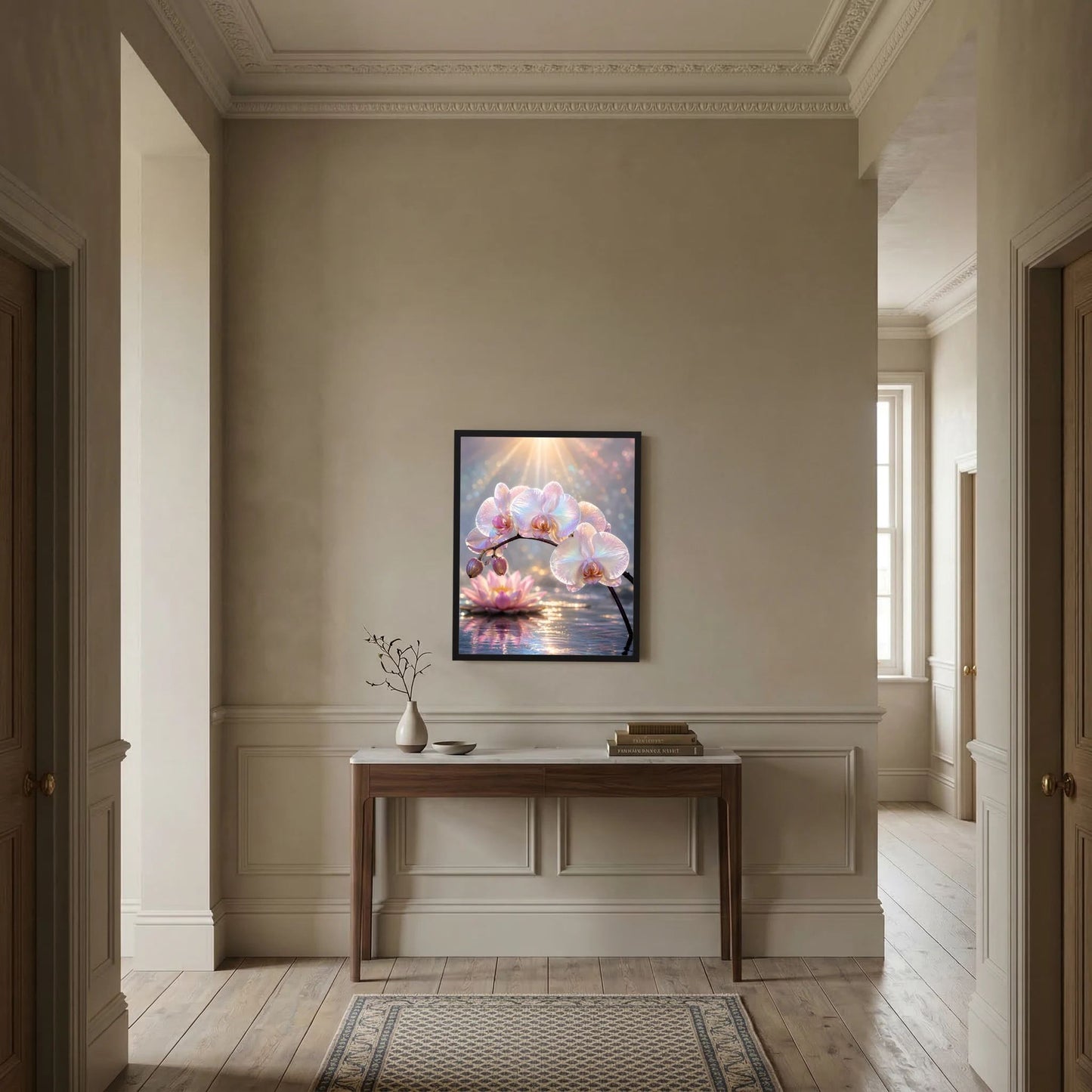 Poster mit Perlmutt-Orchideen und Lotusblüte im dunklen Rahmen