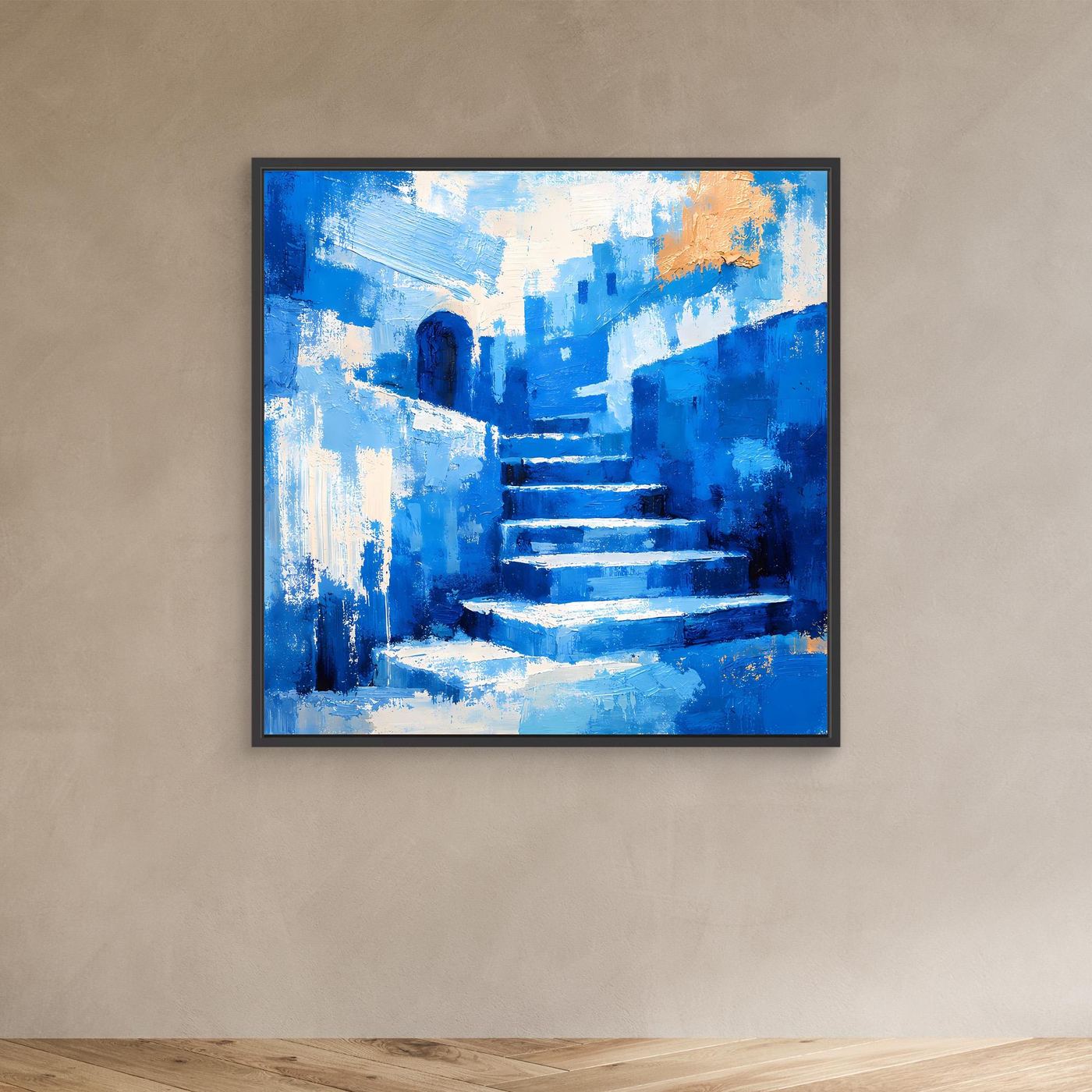 Abstraktes Leinwandbild mit blauer Gasse, Treppen und orange Akzenten, schwarzer Rahmen