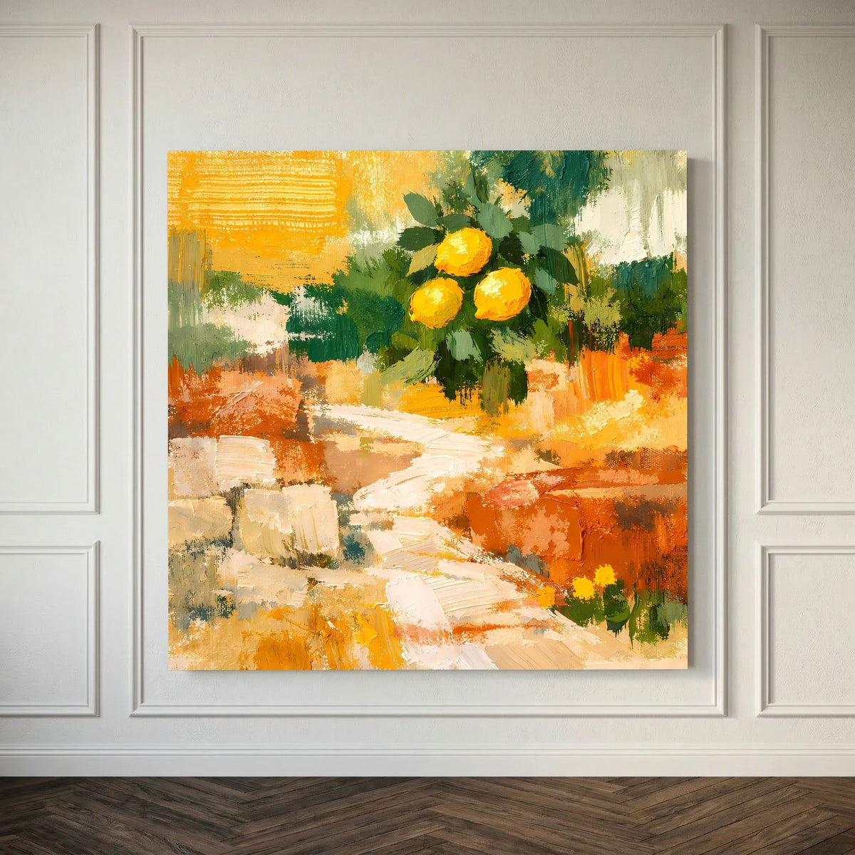 Wandbild mit Zitronenzweig im Innenrahmen, abstrakt in Gelb, Grün und Orange
