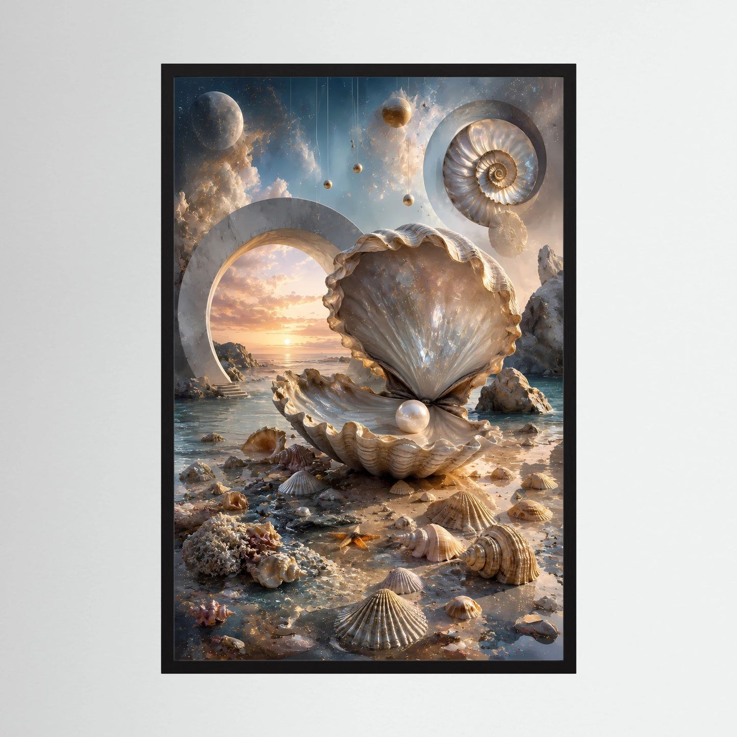 Hochformat-Poster mit Muschelmotiv in Creme und Gold, schwarzer Rahmen