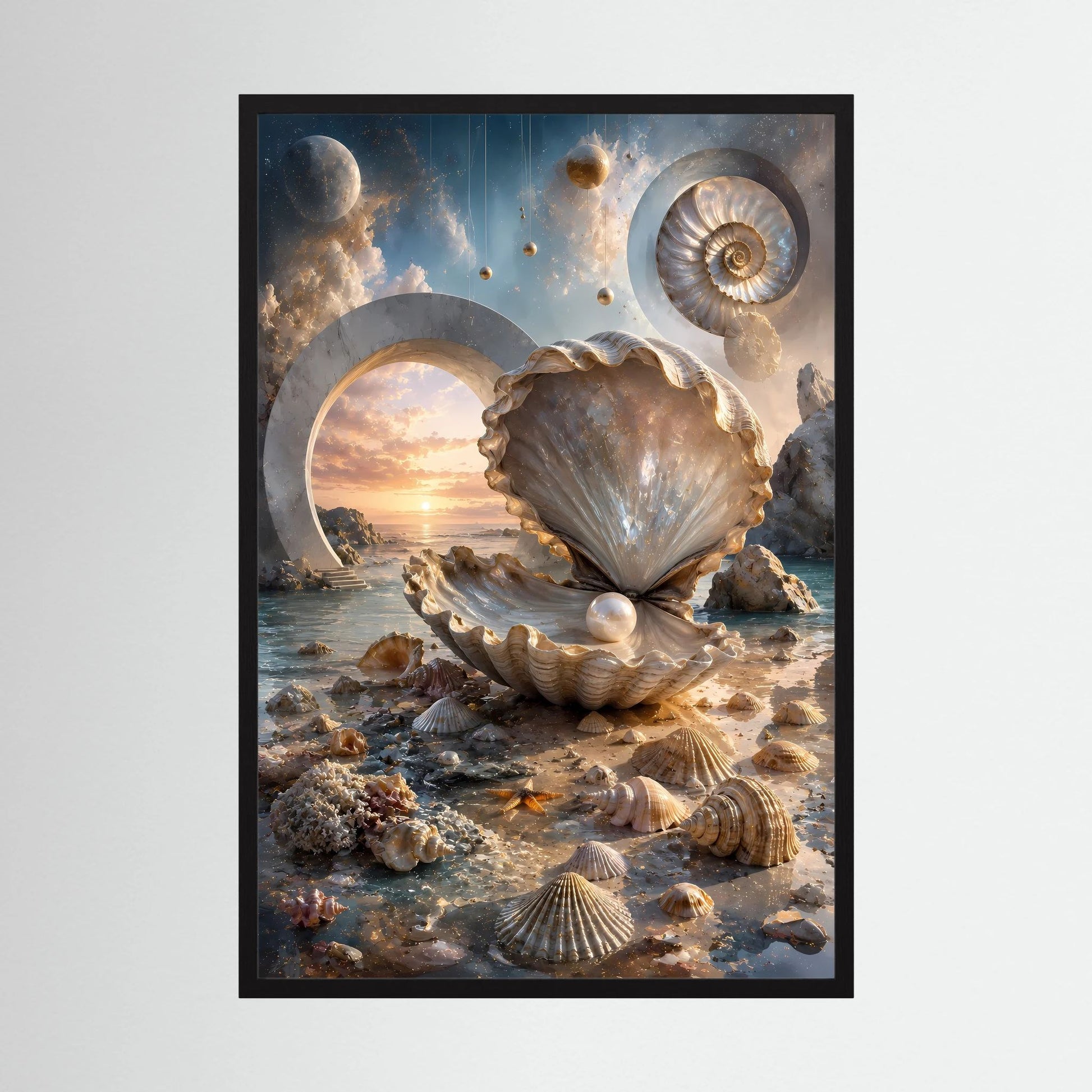 Hochformat-Poster mit Muschelmotiv in Creme und Gold, schwarzer Rahmen