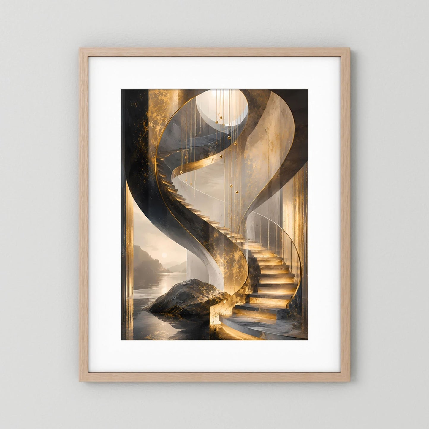 Poster im Hochformat mit hellem Holzrahmen, goldene Spiraltreppe auf dunklem Grund