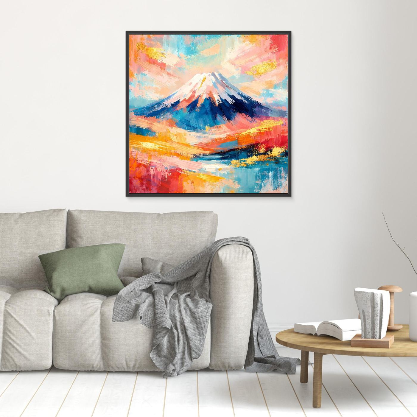 Leinwandbild mit abstraktem Mount-Fuji-Bergmotiv, schwarzer Rahmen, leuchtende Farbverläufe