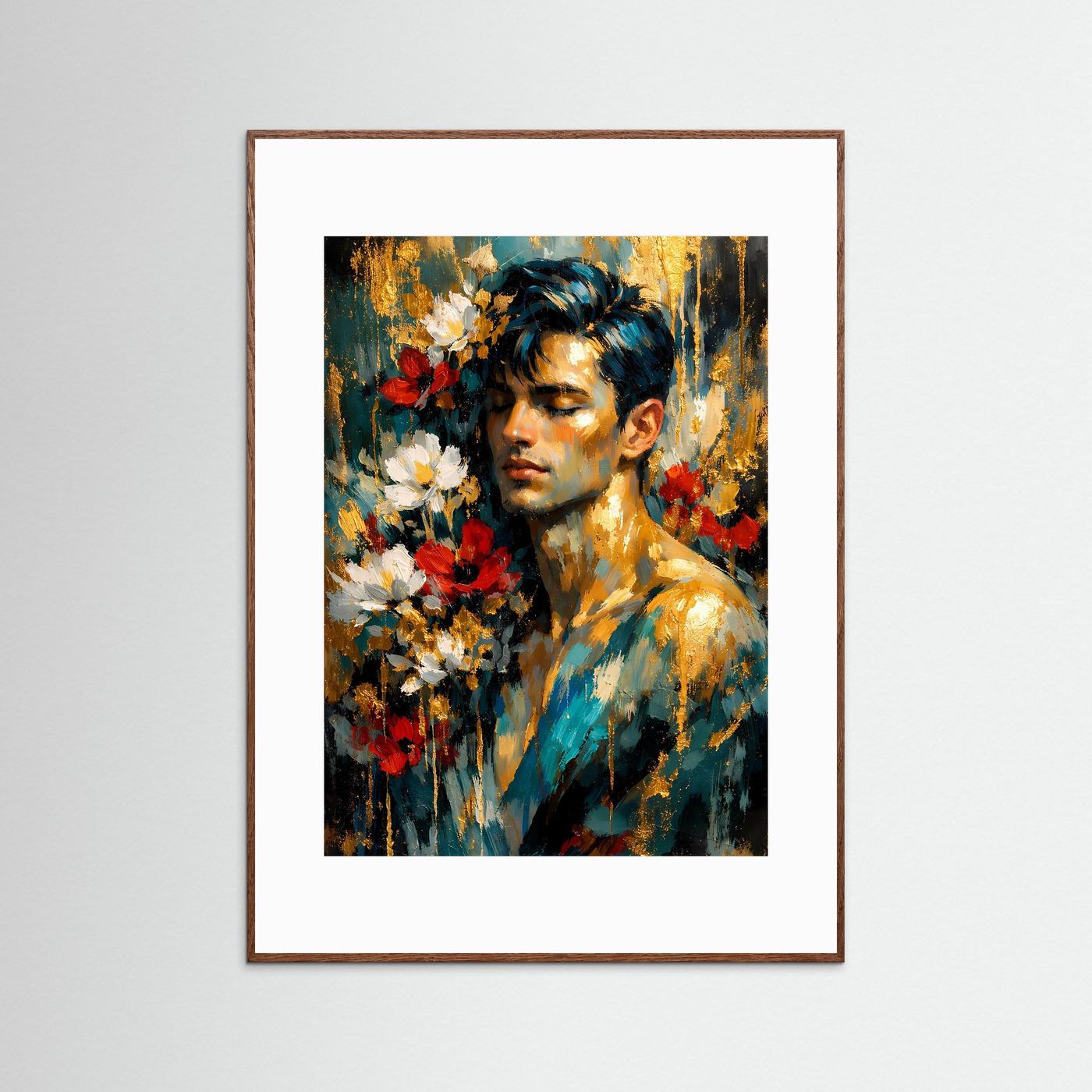 Hochformat-Porträtposter: Mann mit Blumen, abstrakt, braune Rahmenumrandung