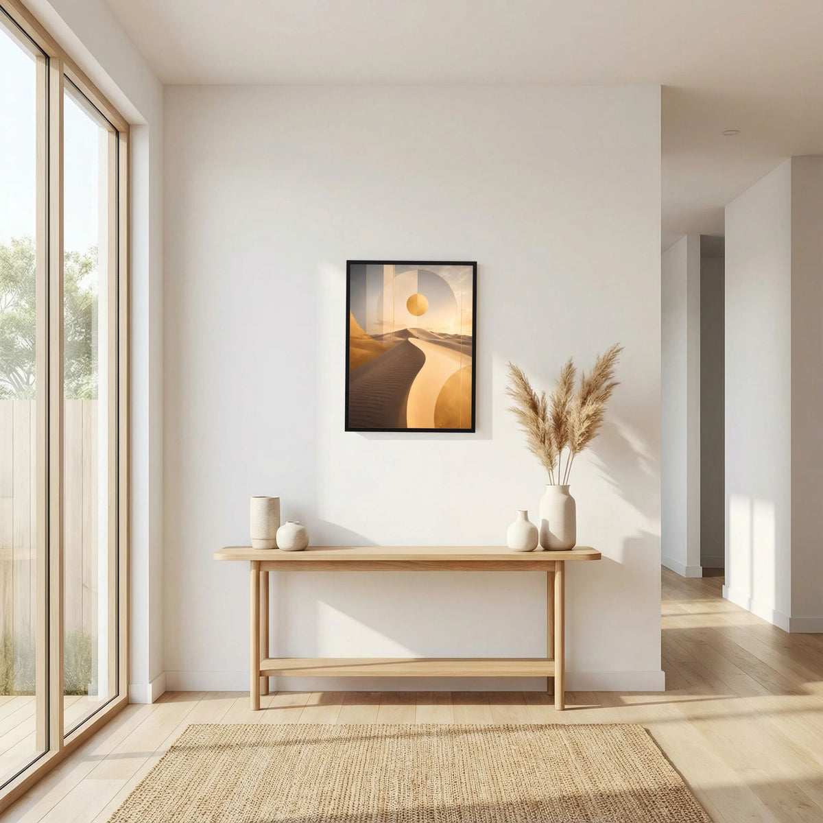 Hochformatiges Poster mit goldener Wüstenlandschaft, Dünen und Sonne im dunklen Rahmen