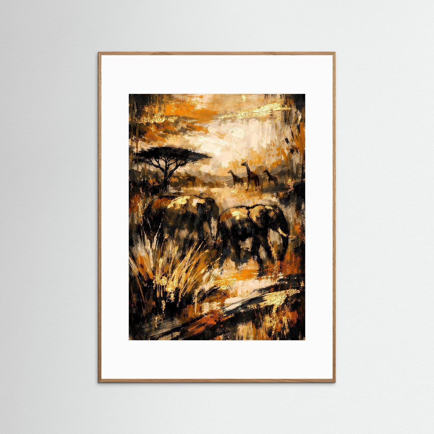 Elefanten-Kunstposter mit abstraktem Savannenmotiv, Ocker & Tiefschwarz, brauner Holzrahmen