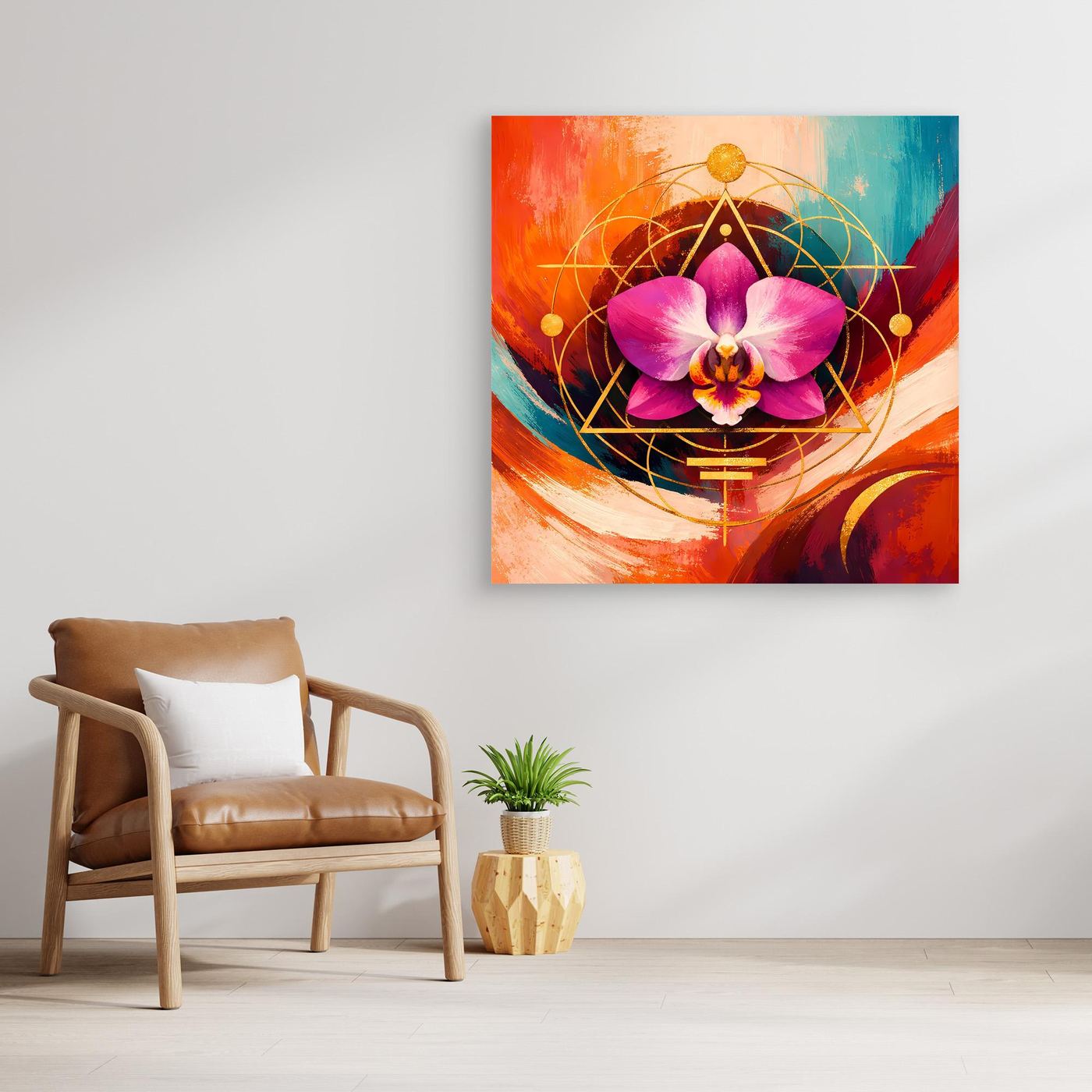 Quadratisches Leinwandbild mit lila Orchidee im Kreis aus goldenen Linien und Punkten
