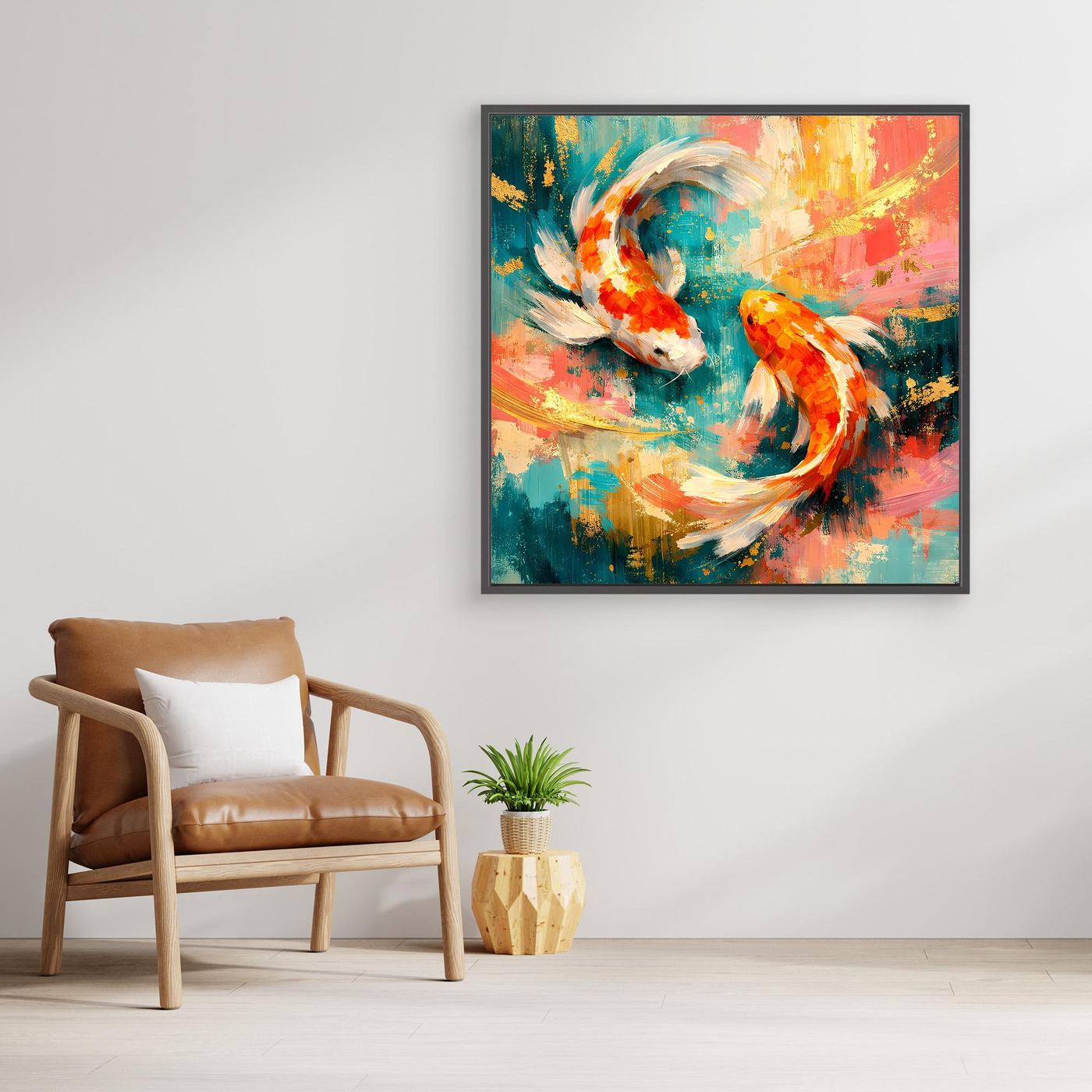 Abstraktes Leinwandbild mit Koi-Fischen in Blau, Orange und Gold, gerahmt