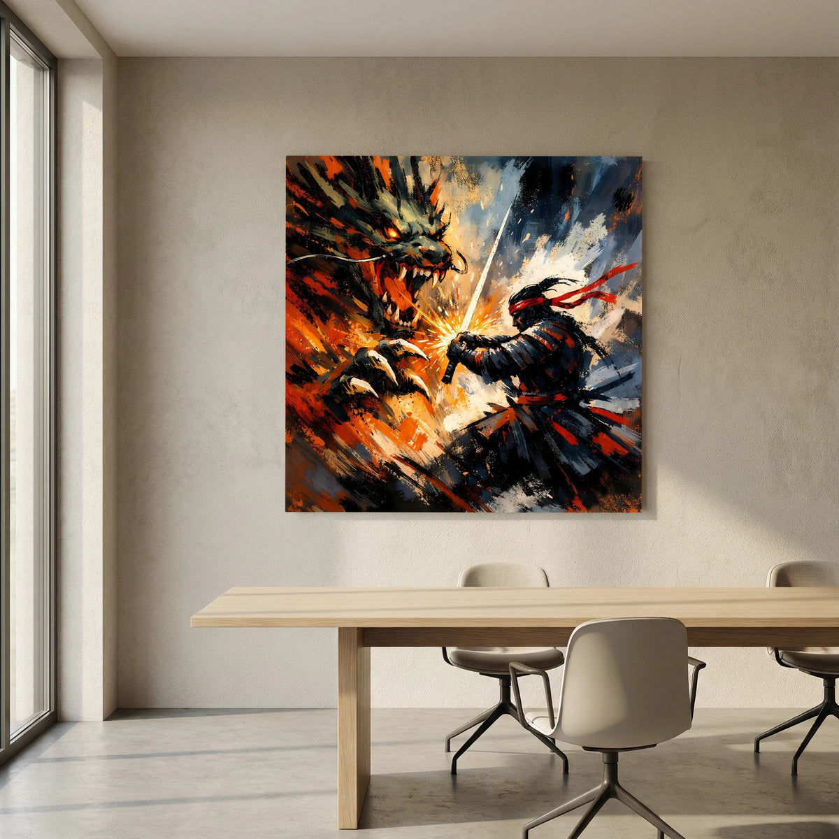 Leinwand-Wandbild: Drache trifft Samurai mit rotem Strich, orange, blau und schwarz im Spritzstil