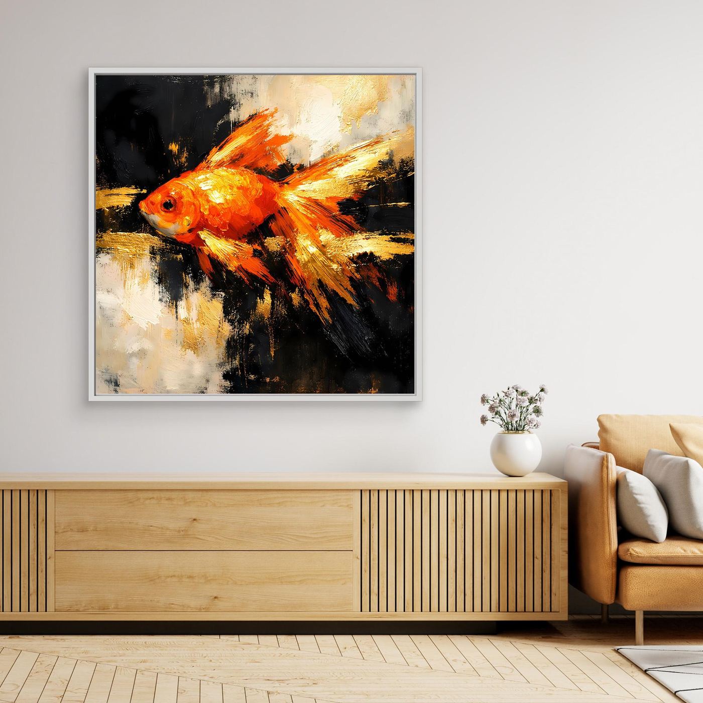 Leinwand Dynamischer Goldfisch in Orange und Gold | Abstraktes Tier Wandbild