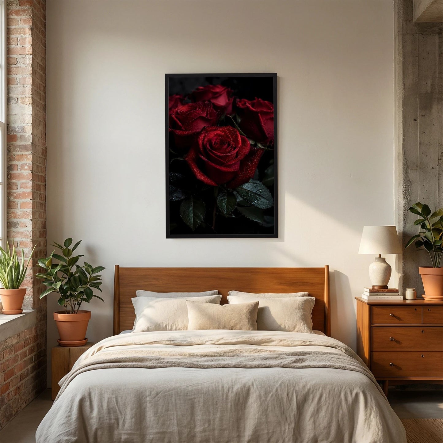 Gerahmtes Hochformat-Poster mit dunkelroten Rosen und glänzenden Tautropfen auf Blättern