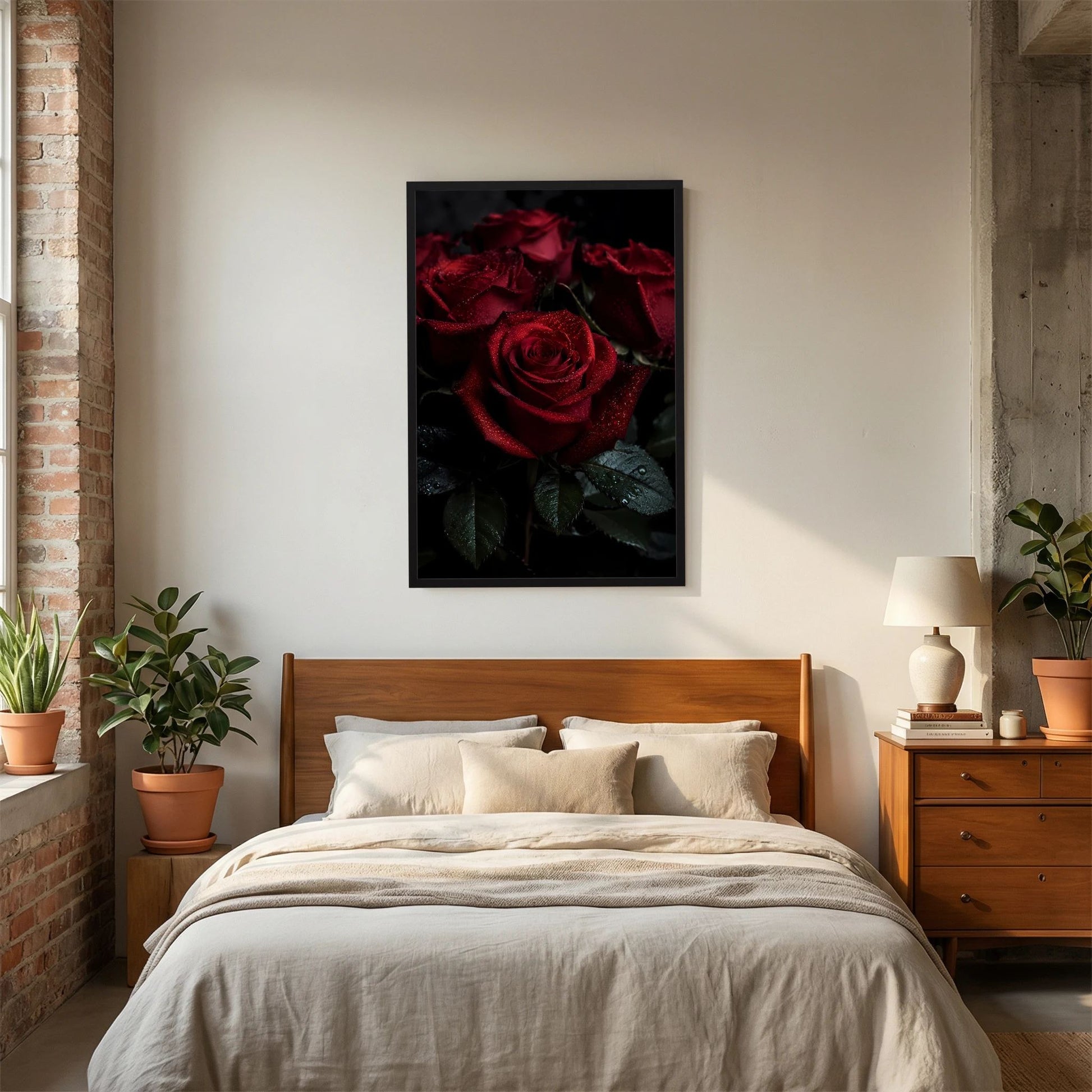 Gerahmtes Hochformat-Poster mit dunkelroten Rosen und glänzenden Tautropfen auf Blättern